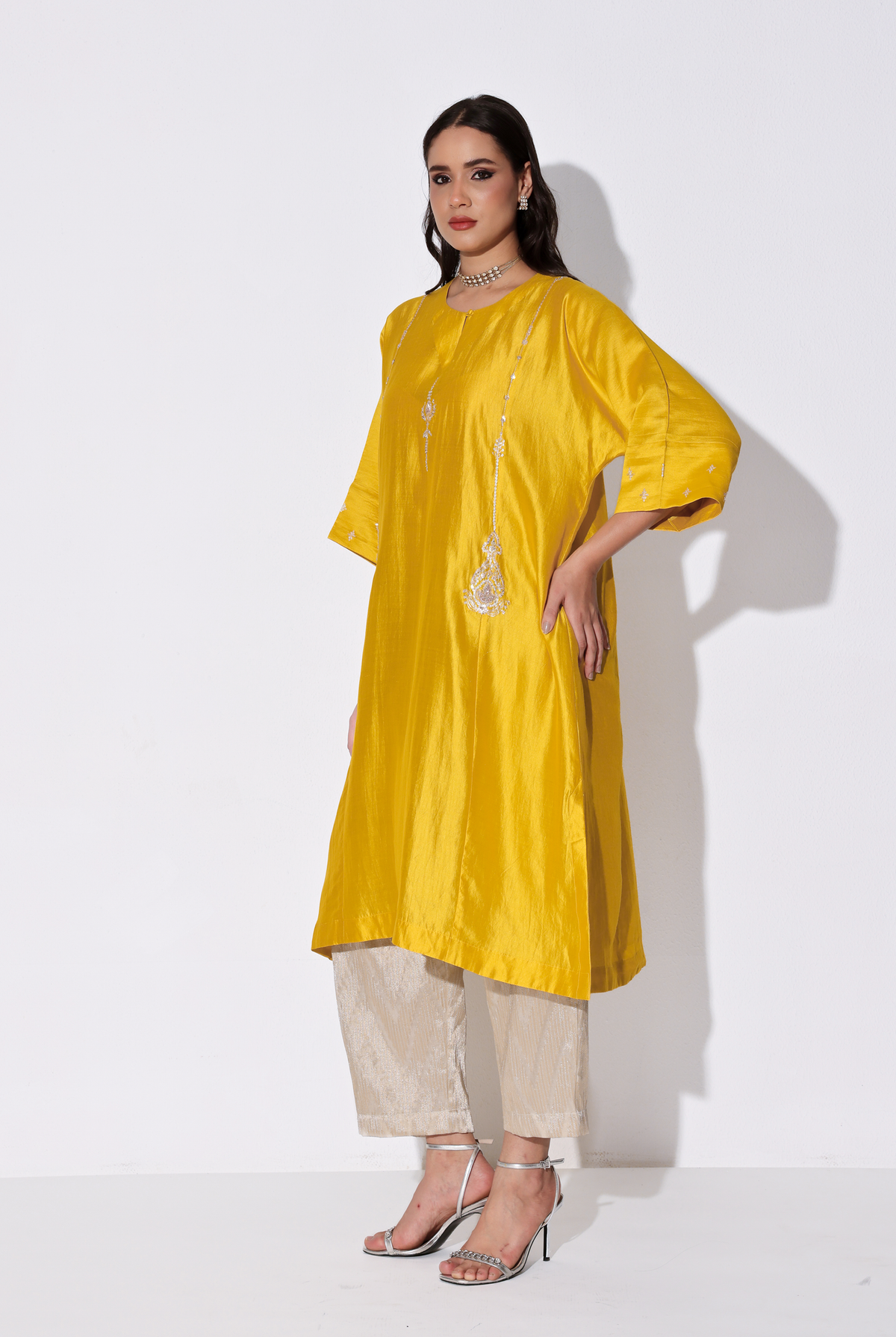 Yellow Chiniya Silk Antifit Kurta Set with Dabka & Dori Embroidery