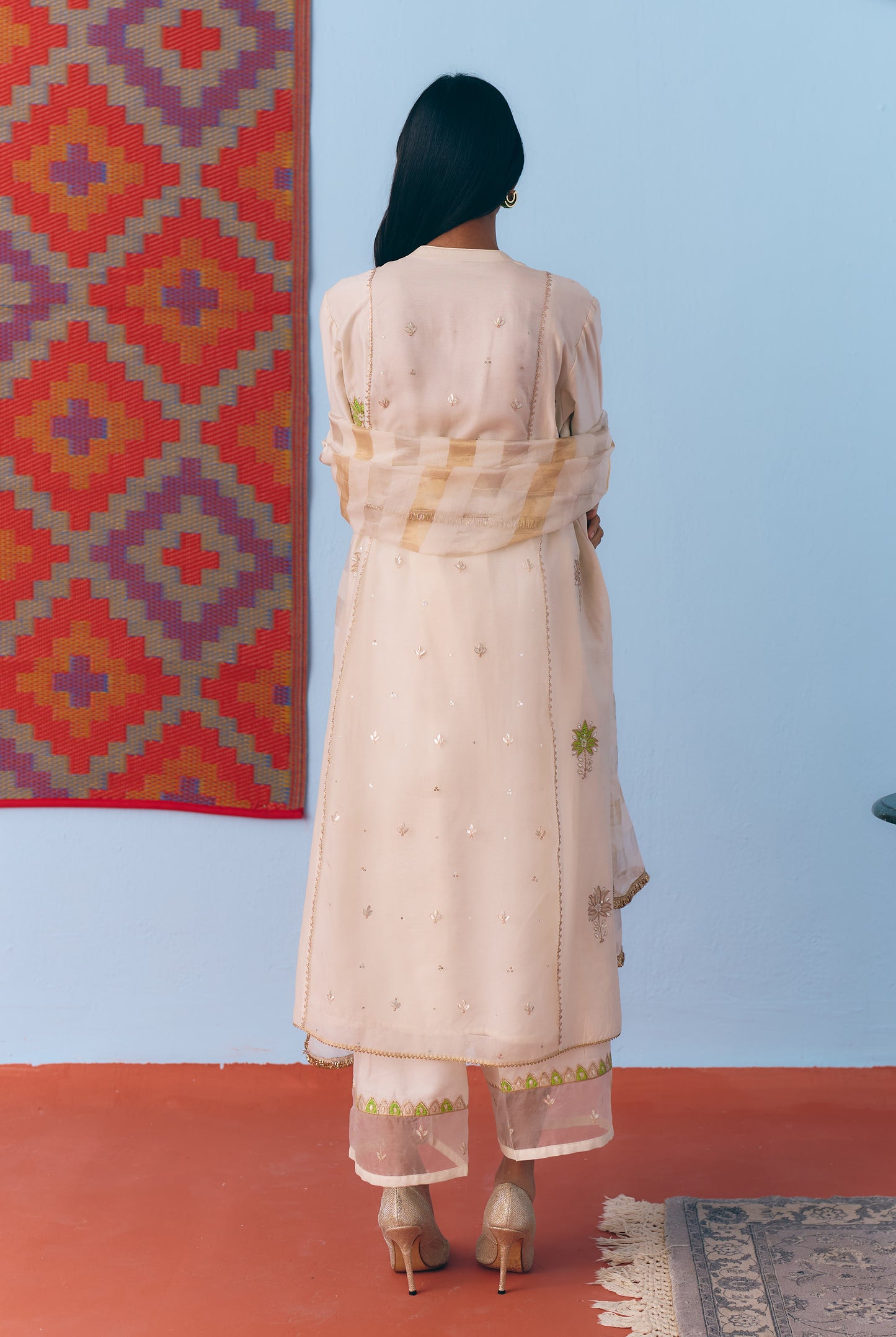 White Silk Chanderi Kurta Set with Green Appliqué & Gota Embroidery