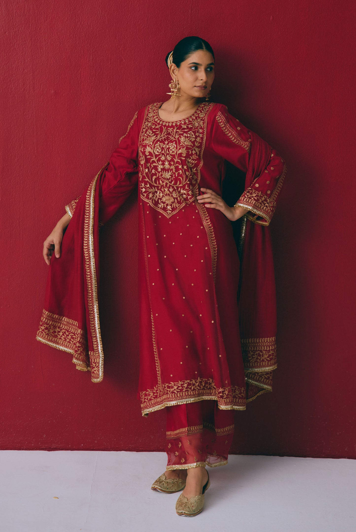 Crimson Chanderi Kurta Set with Zari & Aari Embroidery