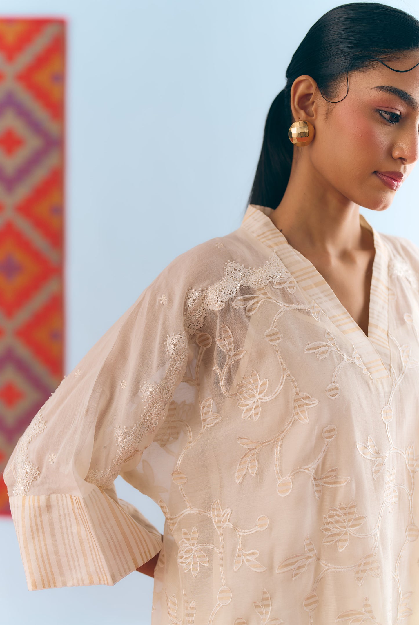 White Chanderi Antifit Co-ord with Dull Gold Tissue Appliqué