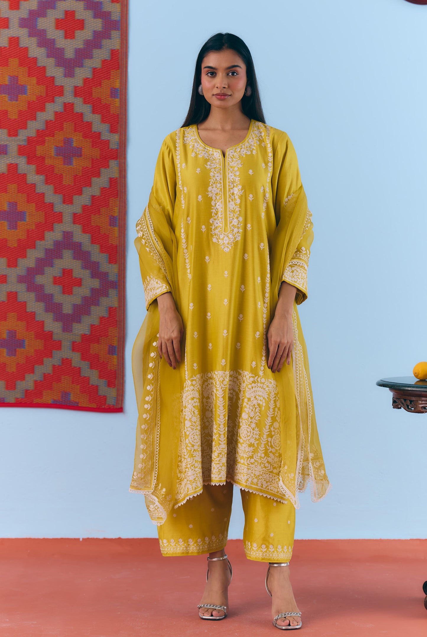 Yellow Silk Chanderi Kurta Set with White Thread & Pita Embroidery