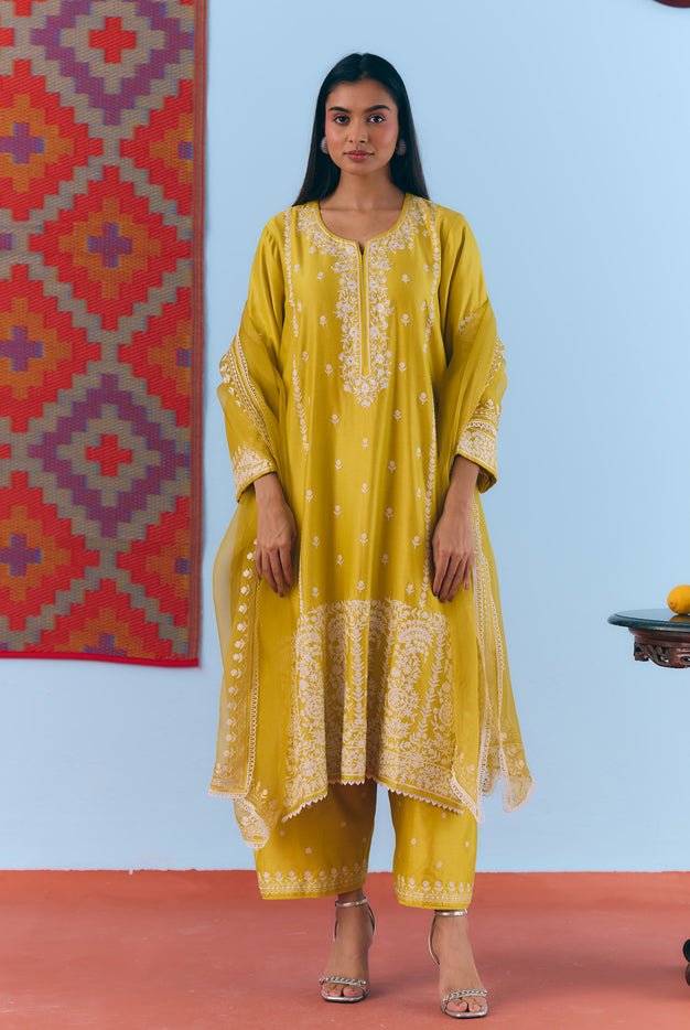 Yellow Silk Chanderi Kurta Set with White Thread & Pita Embroidery