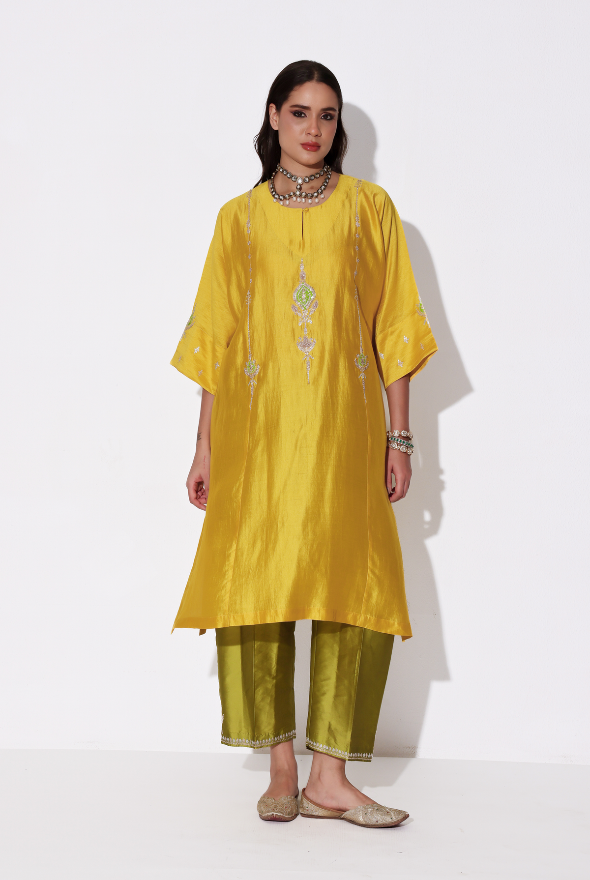 Yellow & Parrot Green Chiniya Silk Antifit Kurta Set