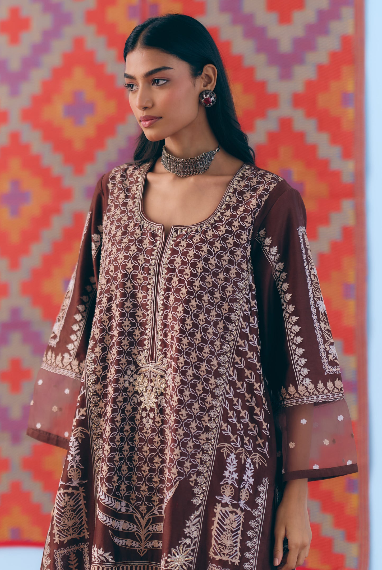 Brown Silk Chanderi Kurta Set with Single Thread & Zari Embroidery