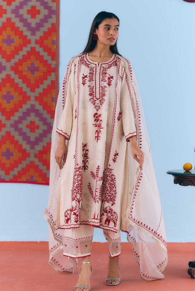 White Silk Chanderi Kurta Set with Deep Red & Silver Zari Embroidery