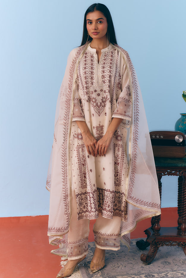 White Silk Chanderi Kurta Set with Brown Single Thread & Silver Zari Embroidery
