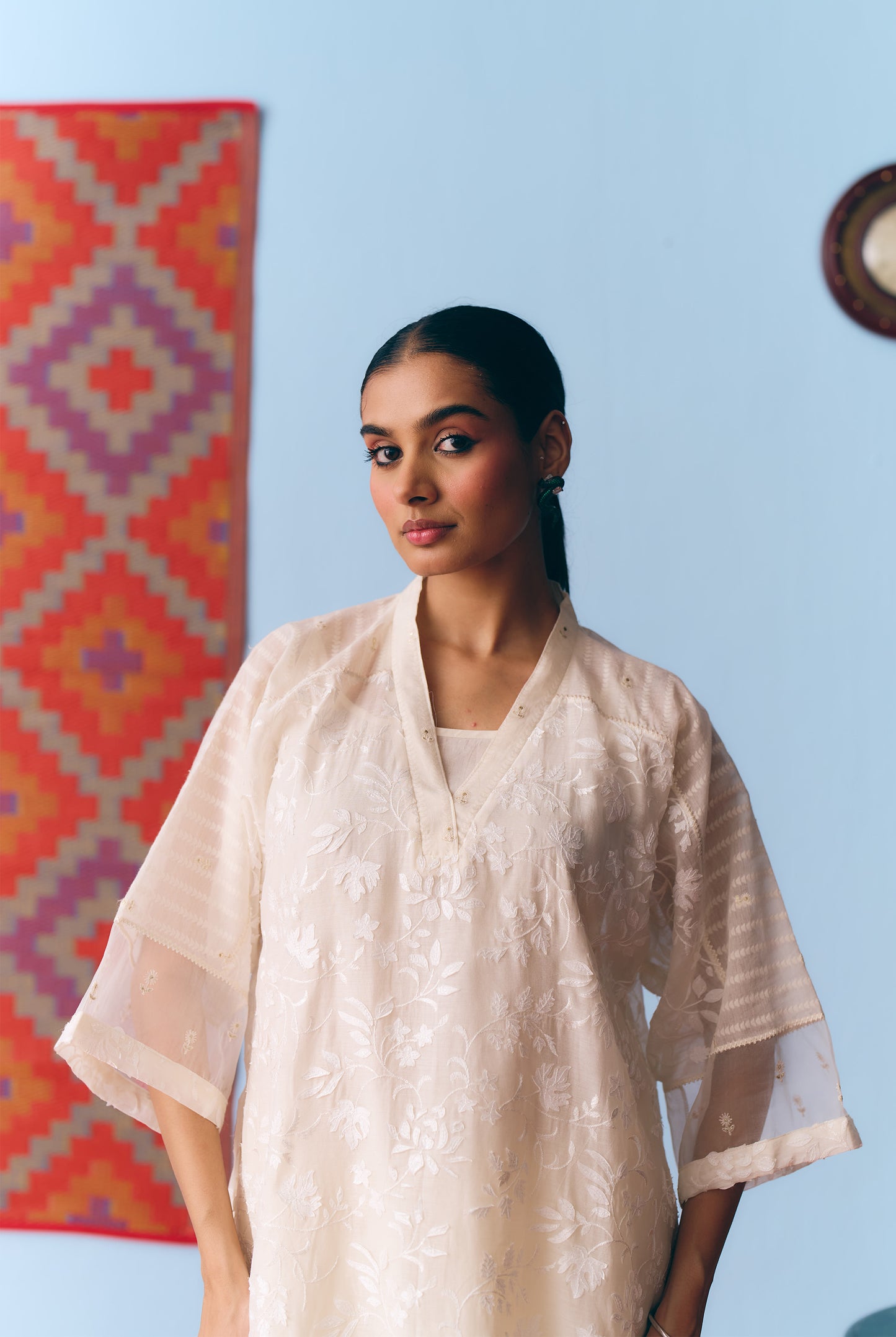 White Chanderi Antifit Co-ord with Laser Appliqué & Thread Embroidery
