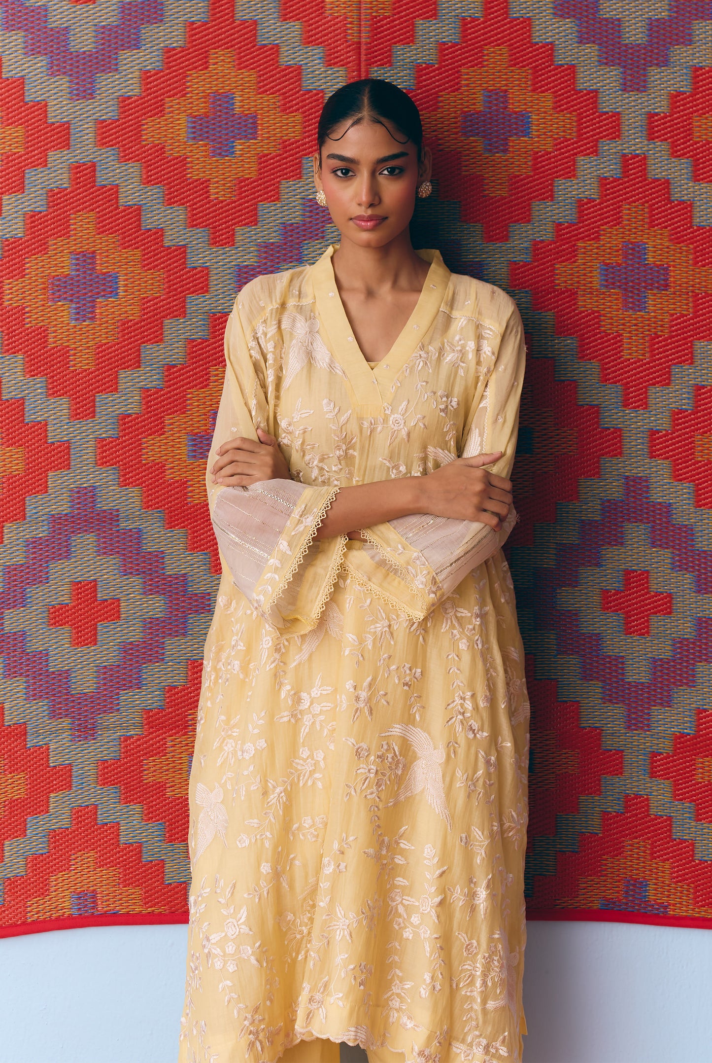 Lime Yellow Chanderi Antifit Co-ord with White Thread & Gota Embroidery