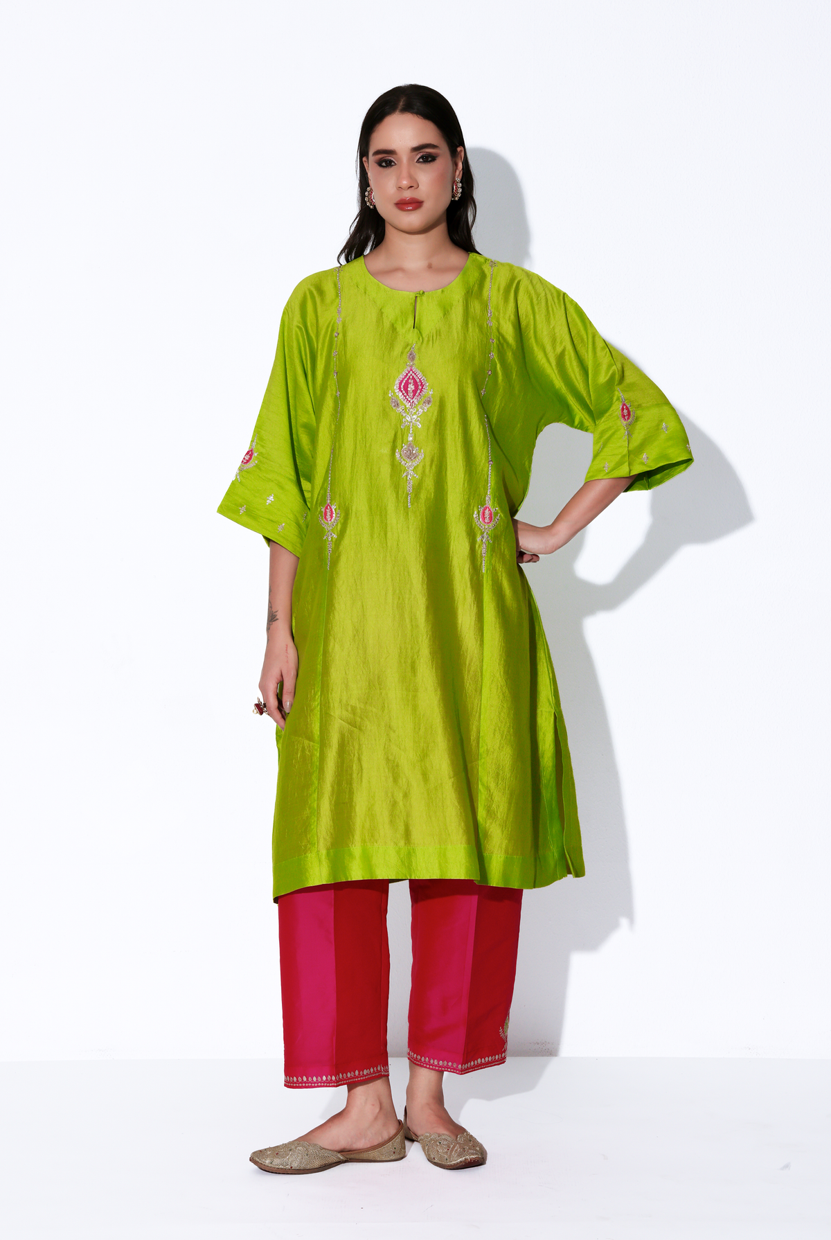 Parrot Green & Fuchsia Chiniya Silk Antifit Kurta Set