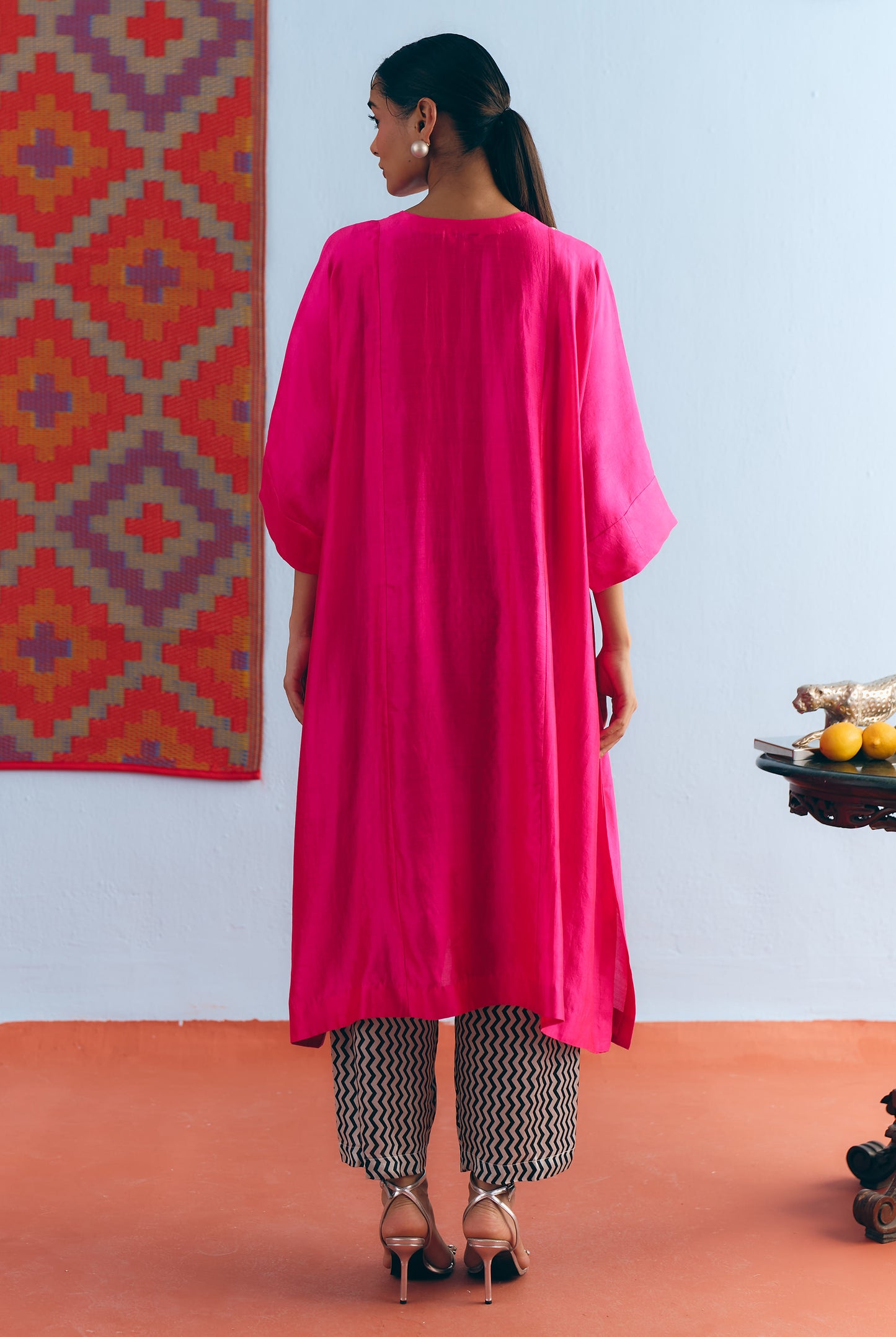 Hot Pink Chinya Silk Antifit Co-ord with Silver Zari Embroidery