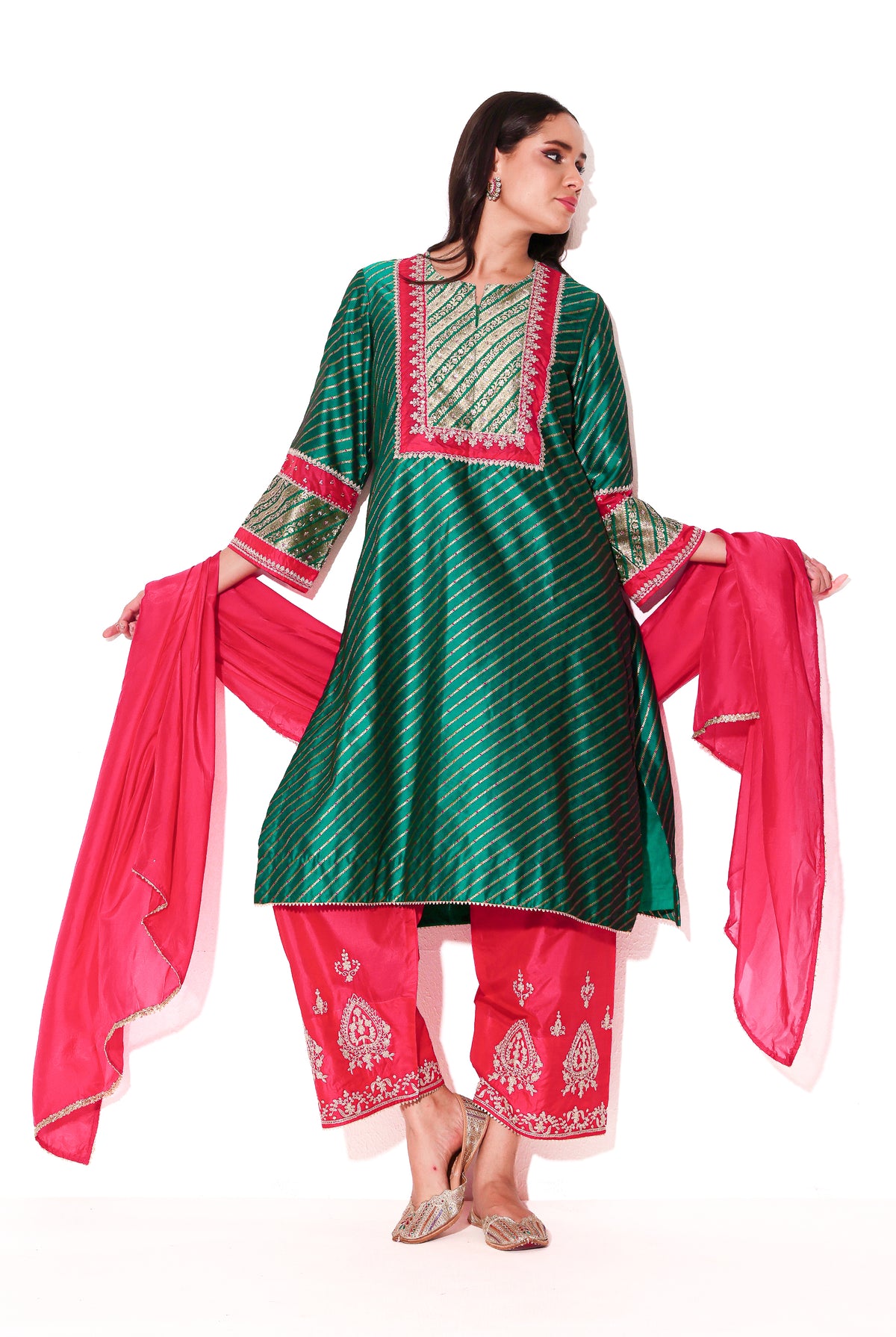 Emerald & Magenta Banarasi Silk Kurta Set