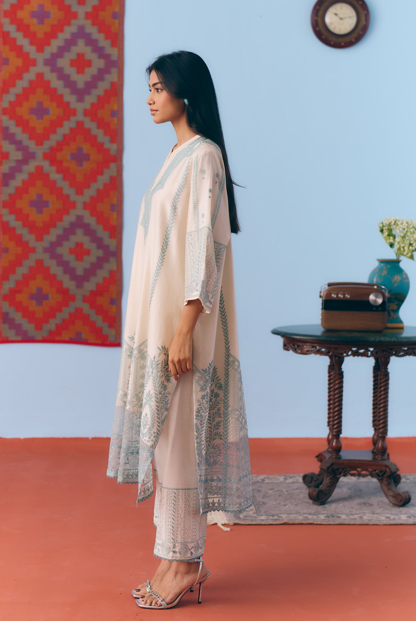 White & Light Blue Silk Chanderi Kurta Set with Thread Embroidery