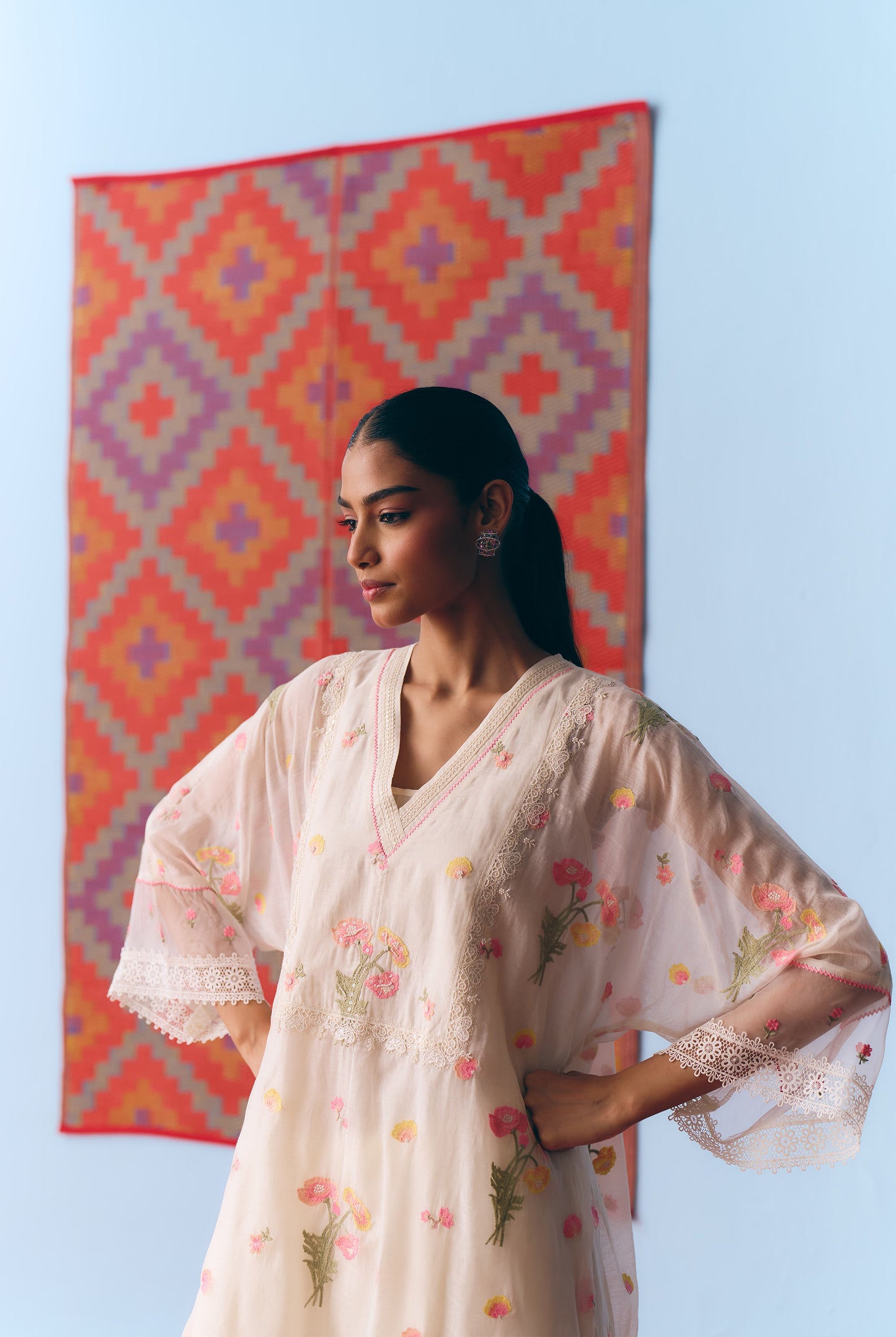 White Chanderi Antifit Co-ord with Thread, Lace & Bead Embroidery