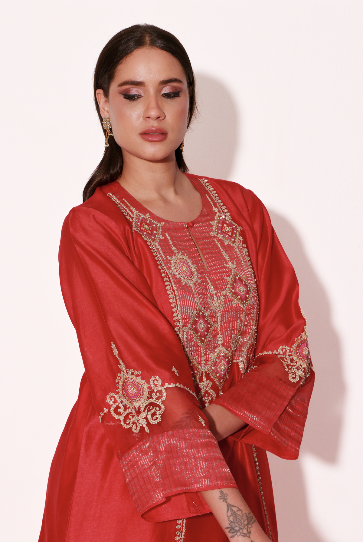 Red Silk Chanderi Kurta Set with Dabka & Dori Embroidery