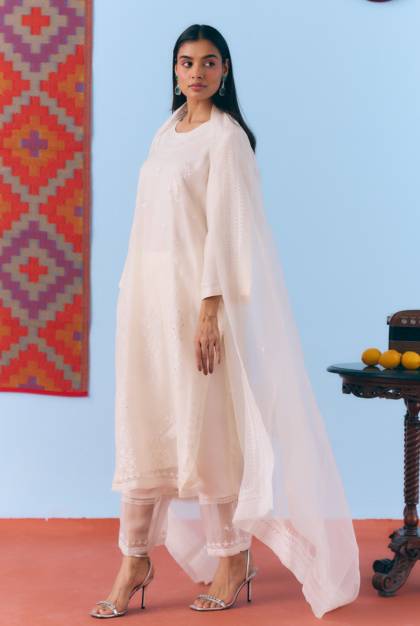 White Silk Organza Kurta Set with Thread Embroidery