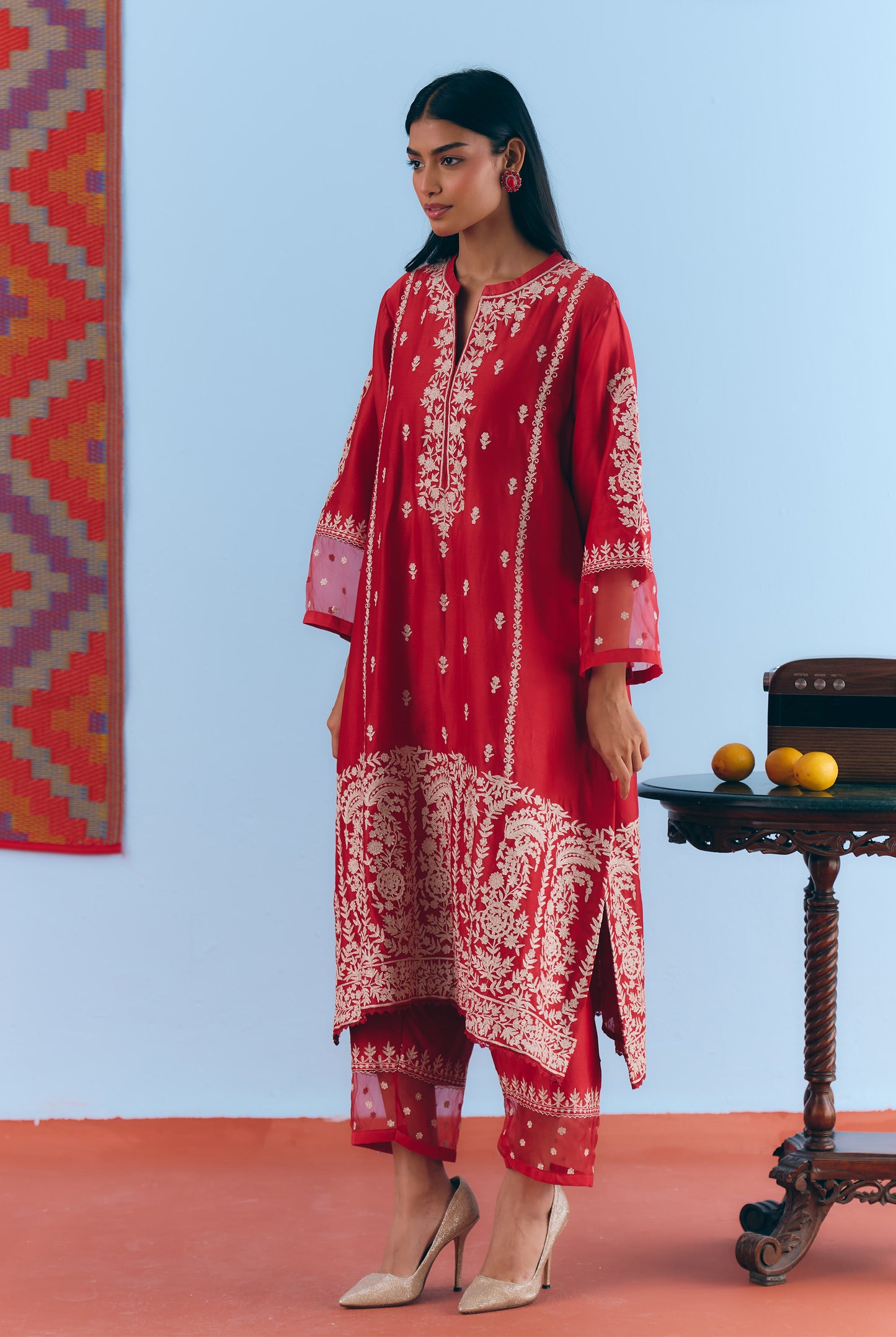 Red Silk Chanderi Kurta Set with White Thread & Pita Embroidery
