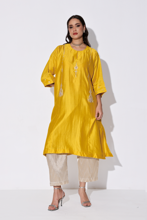Yellow Chiniya Silk Antifit Kurta Set with Dabka & Dori Embroidery