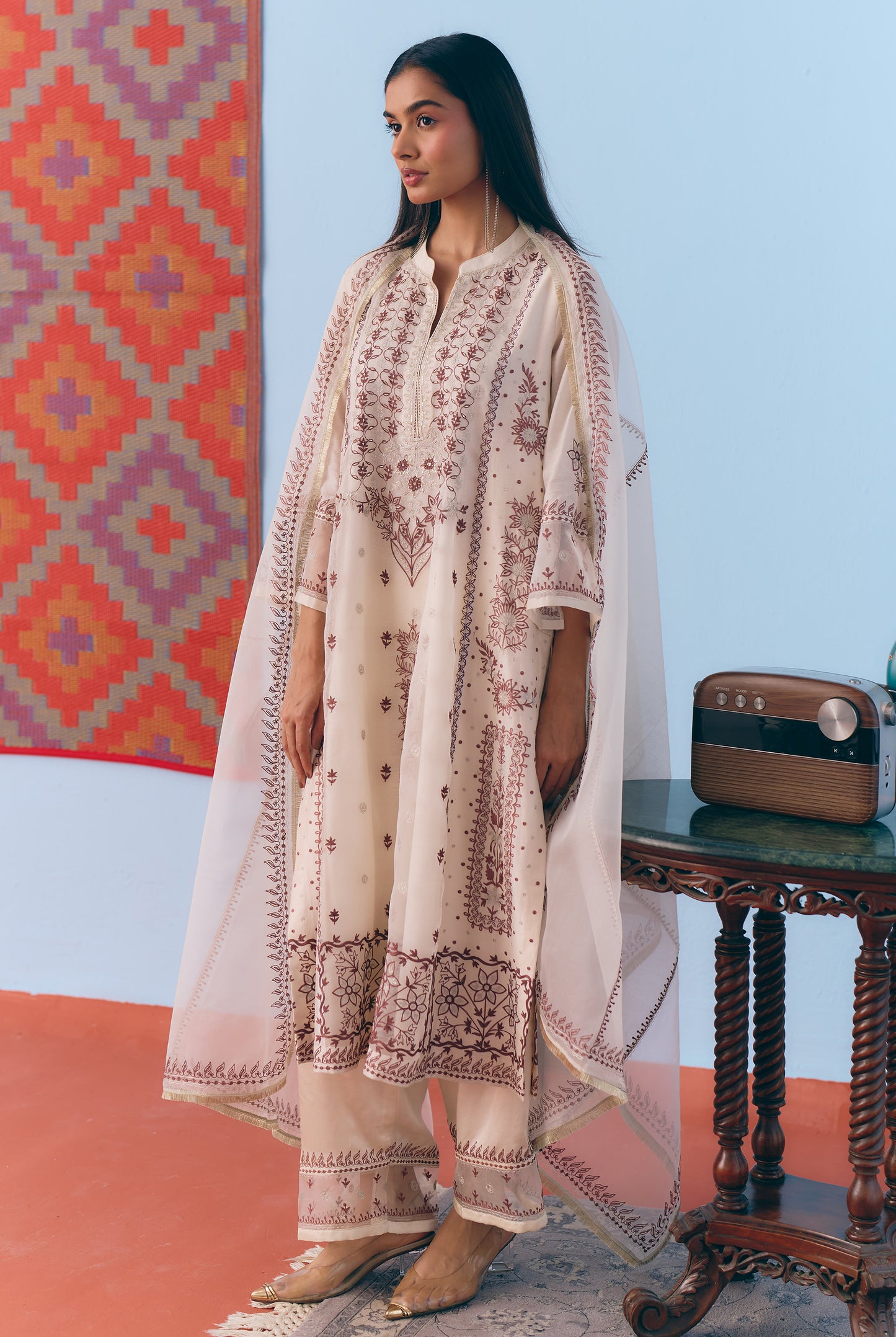 White Silk Chanderi Kurta Set with Brown Single Thread & Silver Zari Embroidery