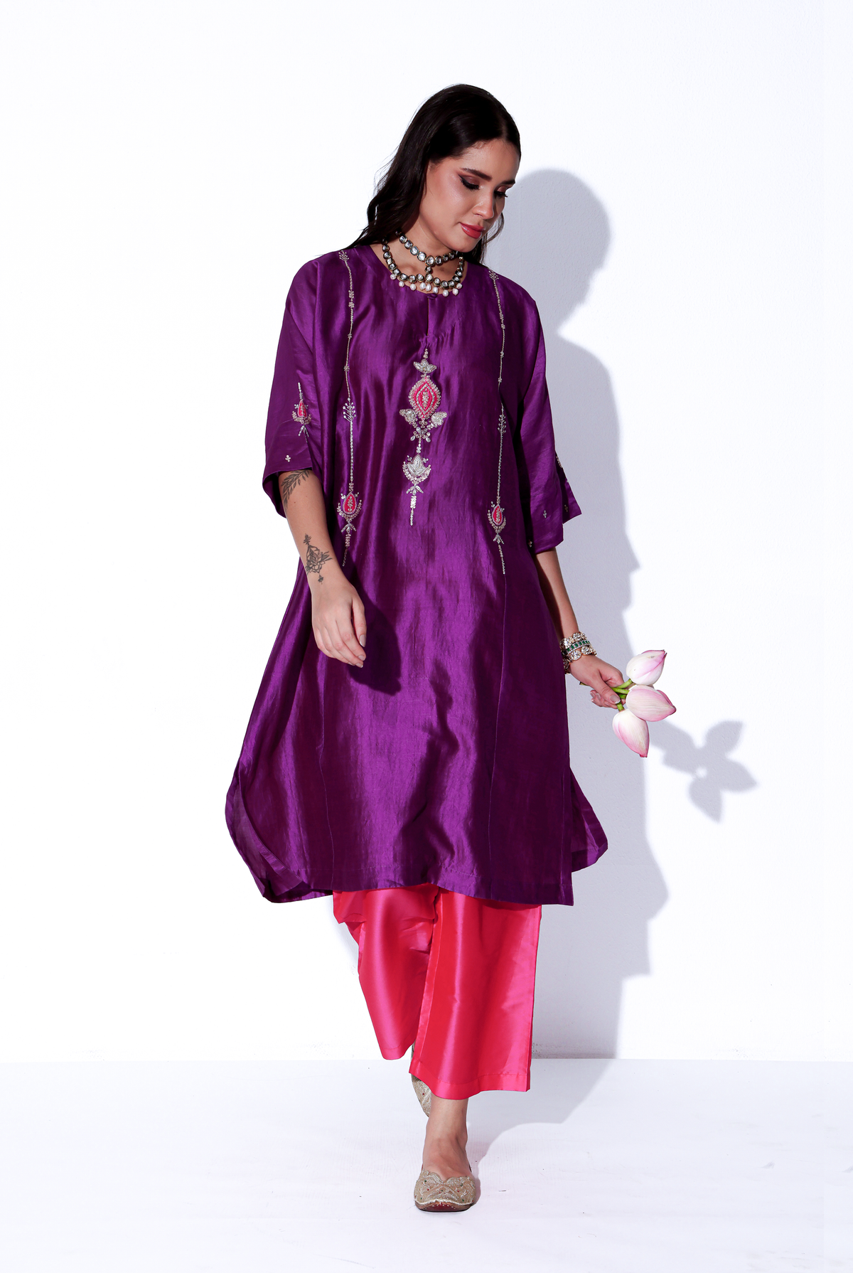 Violet & Fuchsia Chiniya Silk Antifit Kurta Set