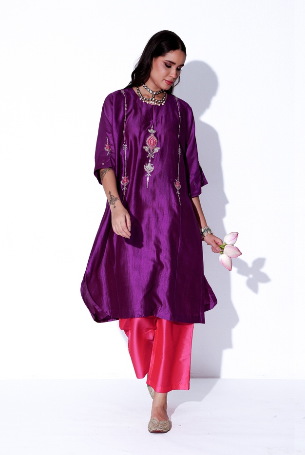 Violet & Fuchsia Chiniya Silk Antifit Kurta Set
