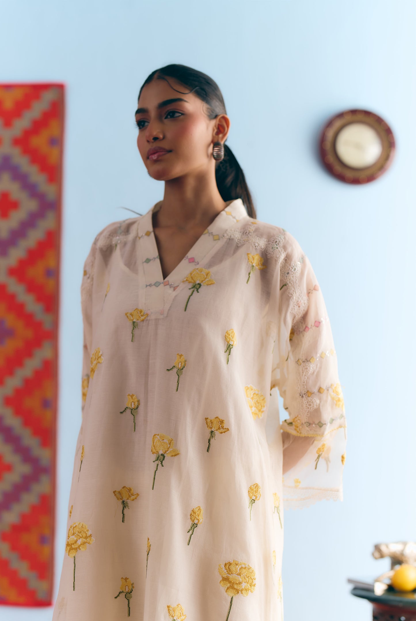 White Chanderi Antifit Co-ord with Yellow Cross Stitch Embroidery