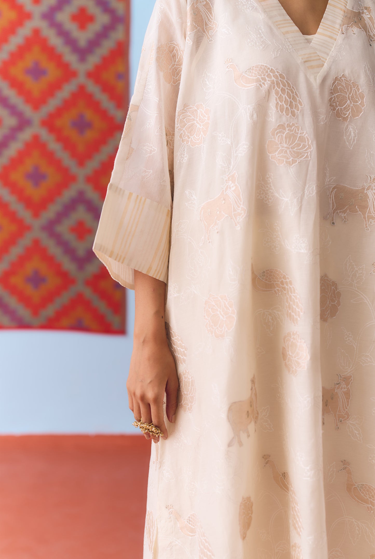 White Chanderi Antifit Co-ord with Dull Gold Tissue Appliqué