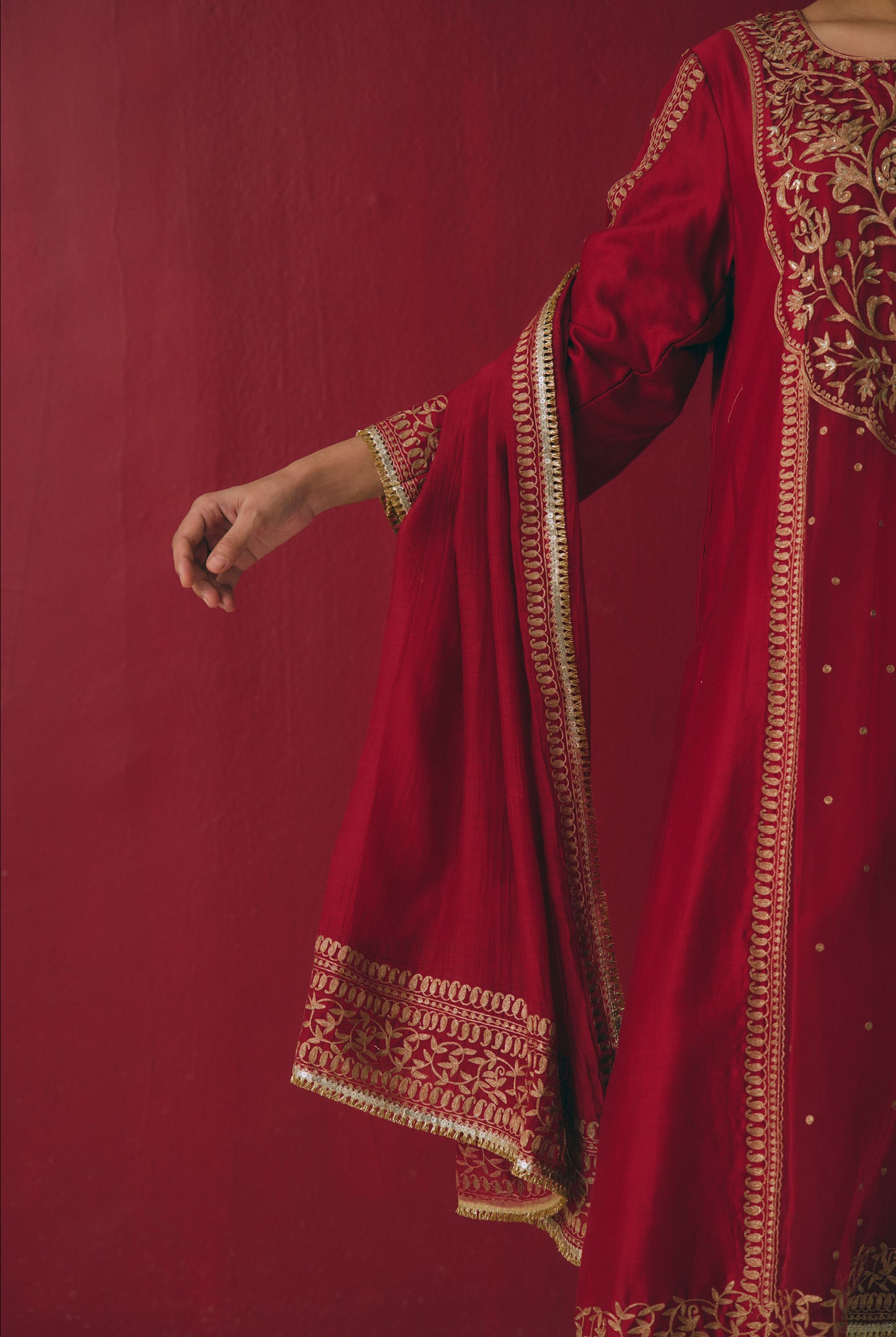 Crimson Chanderi Kurta Set with Zari & Aari Embroidery