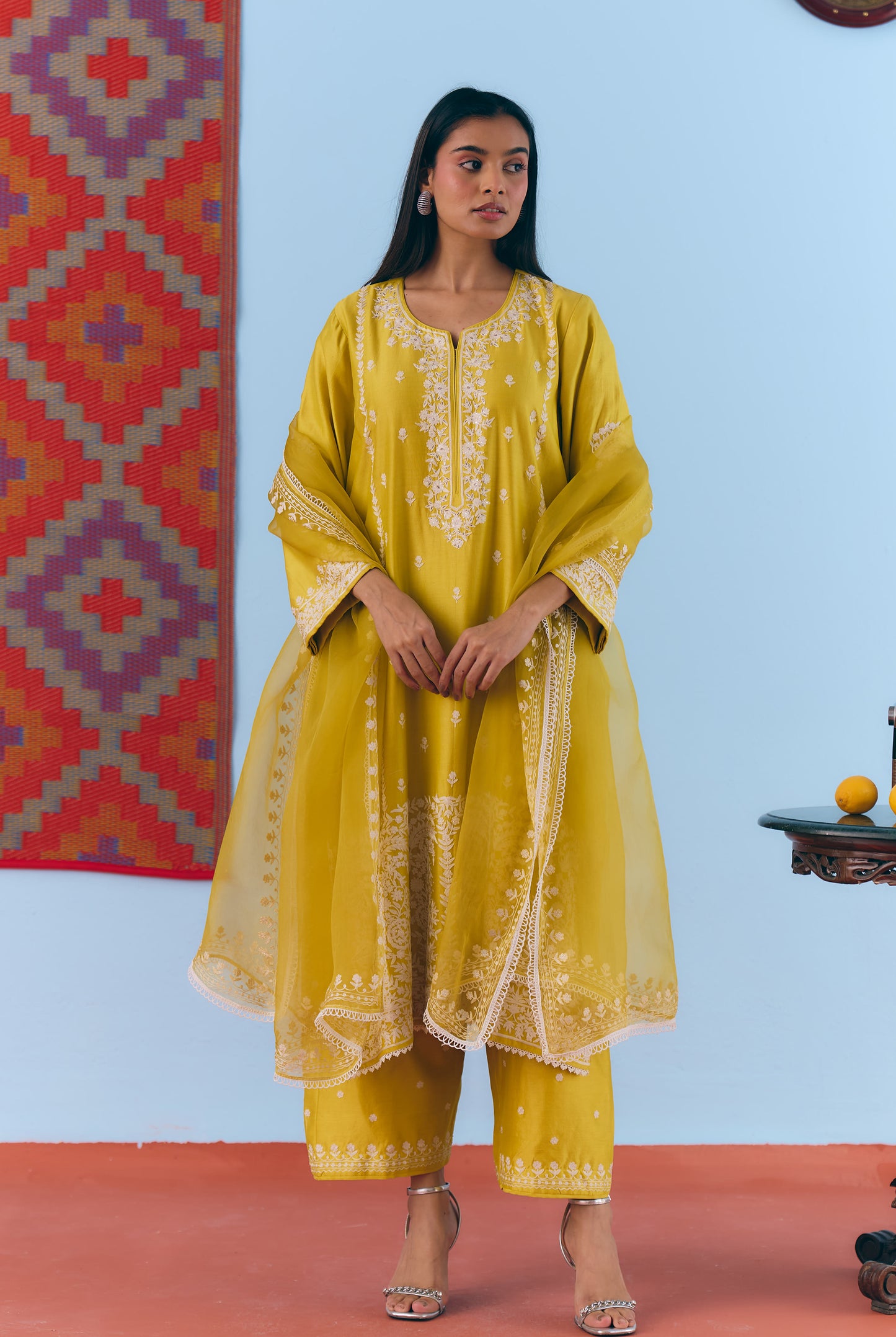 Yellow Silk Chanderi Kurta Set with White Thread & Pita Embroidery