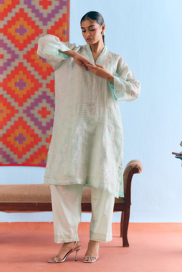 Sky Blue Handwoven Linen & Tissue Antifit Co-ord with Zari Patchwork