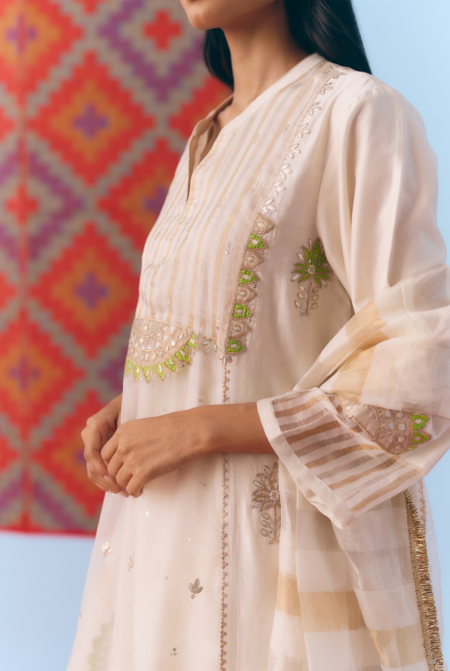 White Silk Chanderi Kurta Set with Green Appliqué & Gota Embroidery