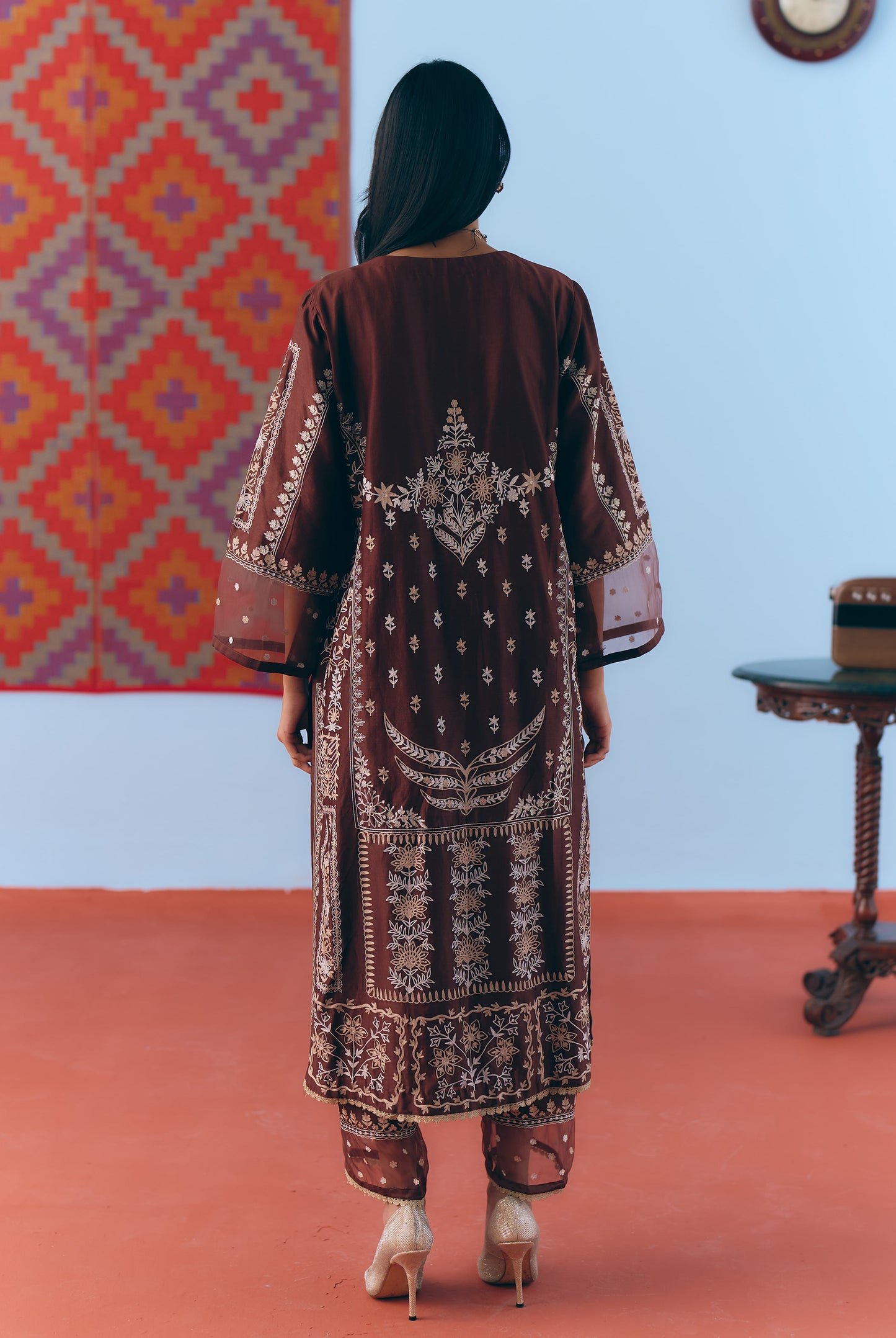 Brown Silk Chanderi Kurta Set with Single Thread & Zari Embroidery