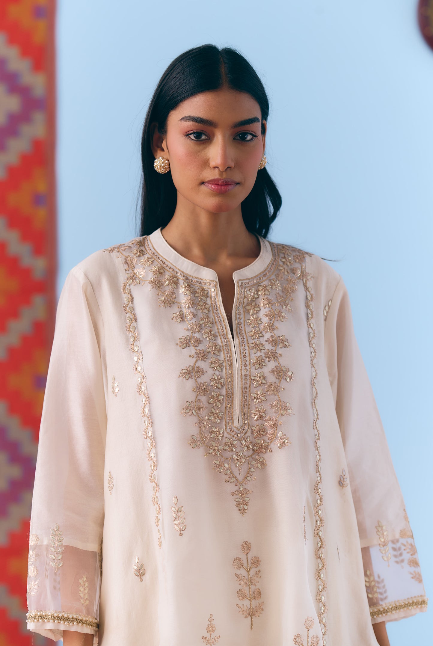 White Silk Chanderi Kurta Set with Gota, Dori & Zari Embroidery
