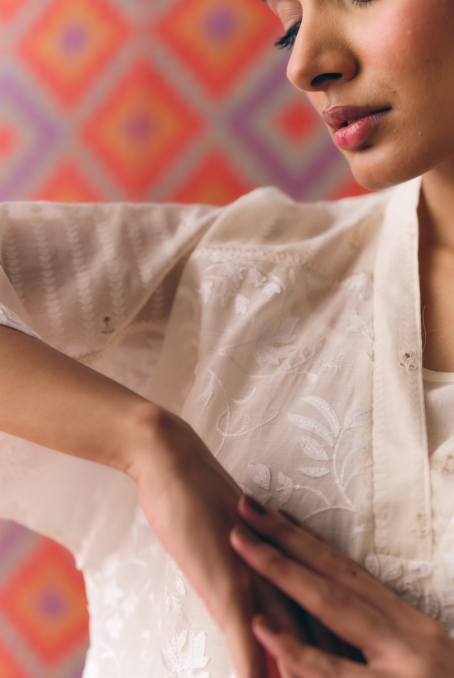 White Chanderi Antifit Co-ord with Laser Appliqué & Thread Embroidery
