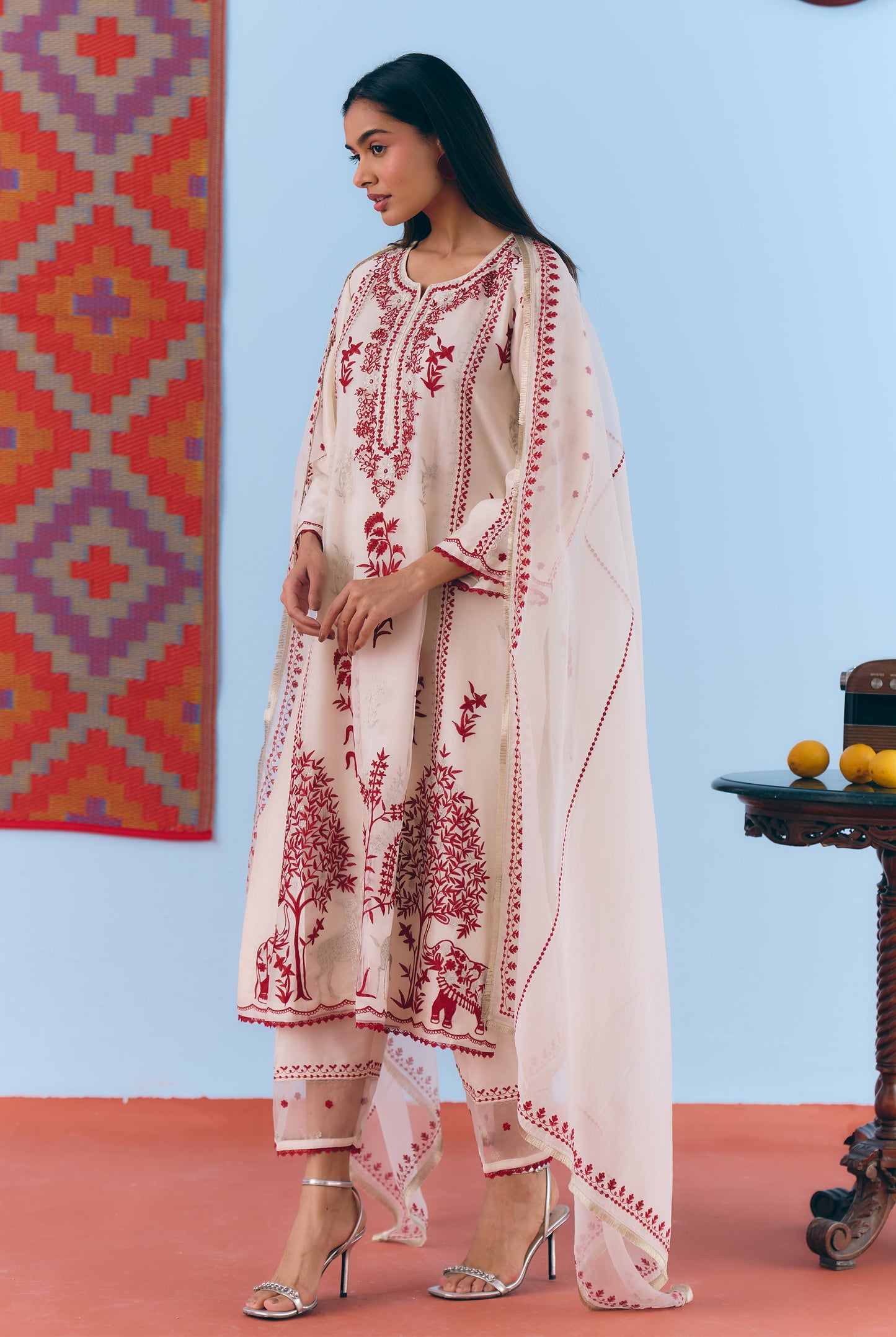 White Silk Chanderi Kurta Set with Deep Red & Silver Zari Embroidery