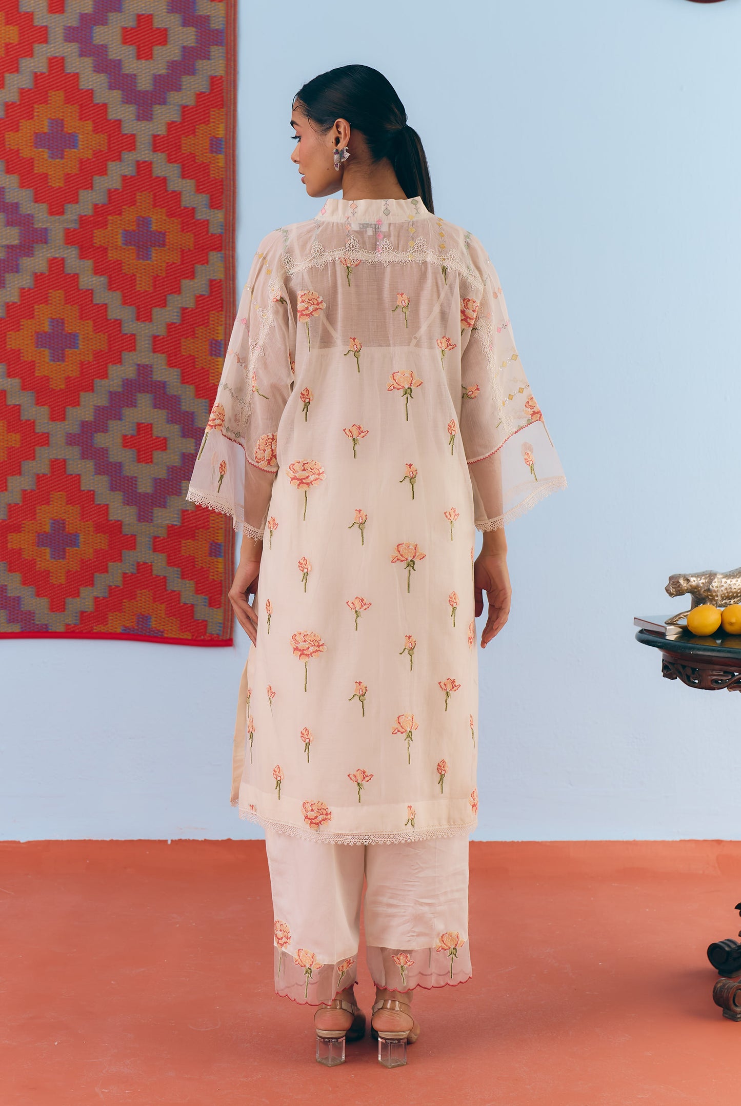 White Chanderi Antifit Co-ord with Pink Cross Stitch Embroider