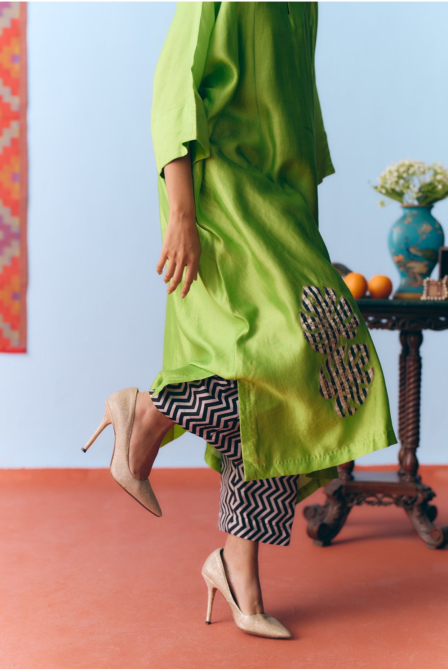 Lime Green Chinya Silk Antifit Co-ord with Zari & Chanderi Patchwork