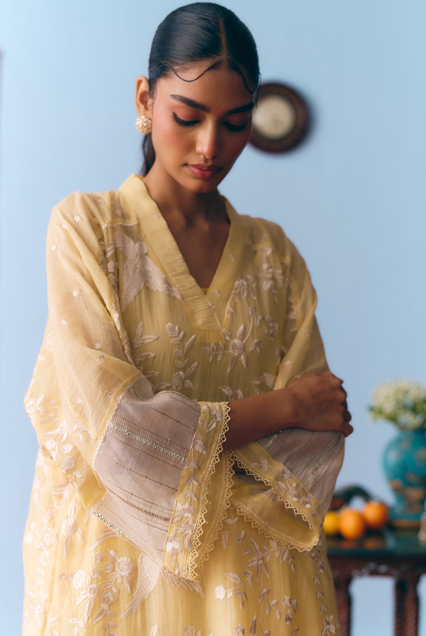 Lime Yellow Chanderi Antifit Co-ord with White Thread & Gota Embroidery