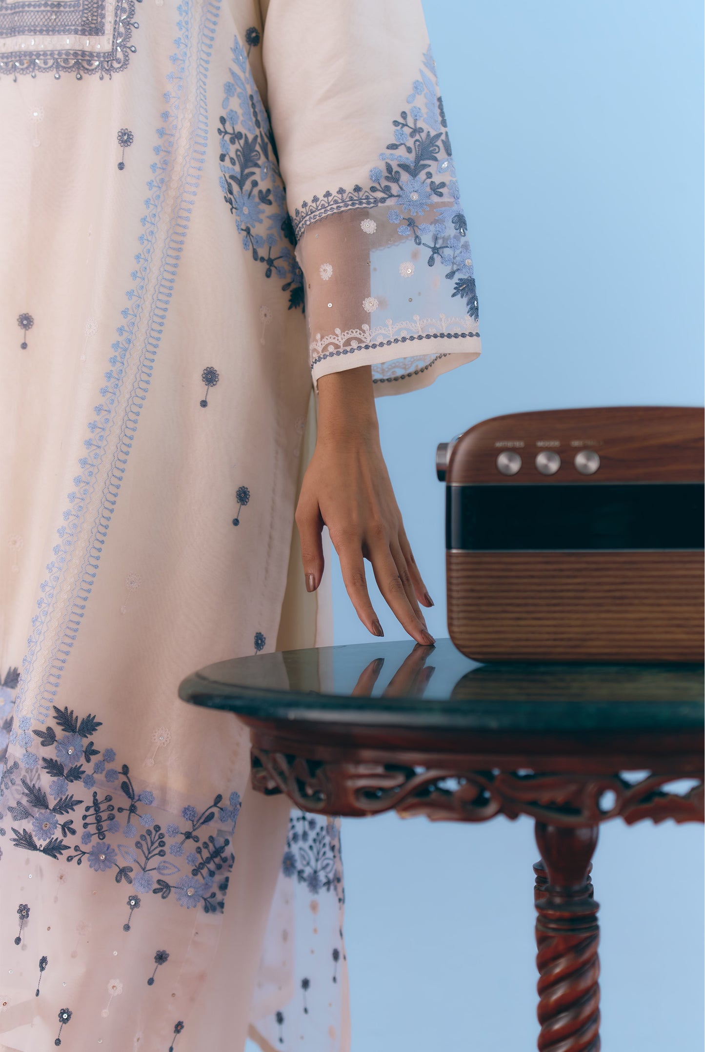 White Silk Chanderi Kurta Set with Blue Thread Embroidery