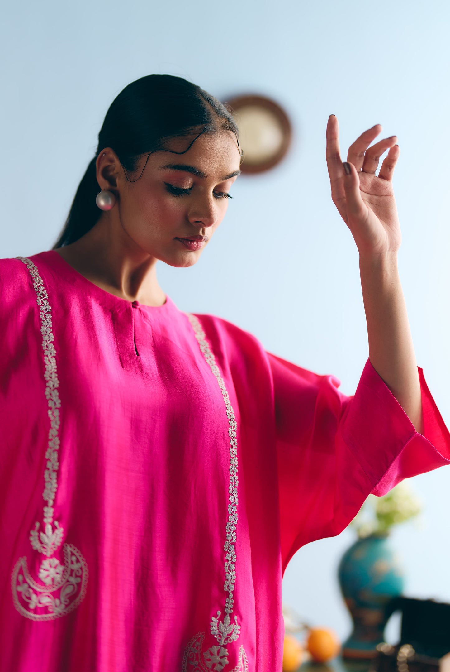 Hot Pink Chinya Silk Antifit Co-ord with Silver Zari Embroidery