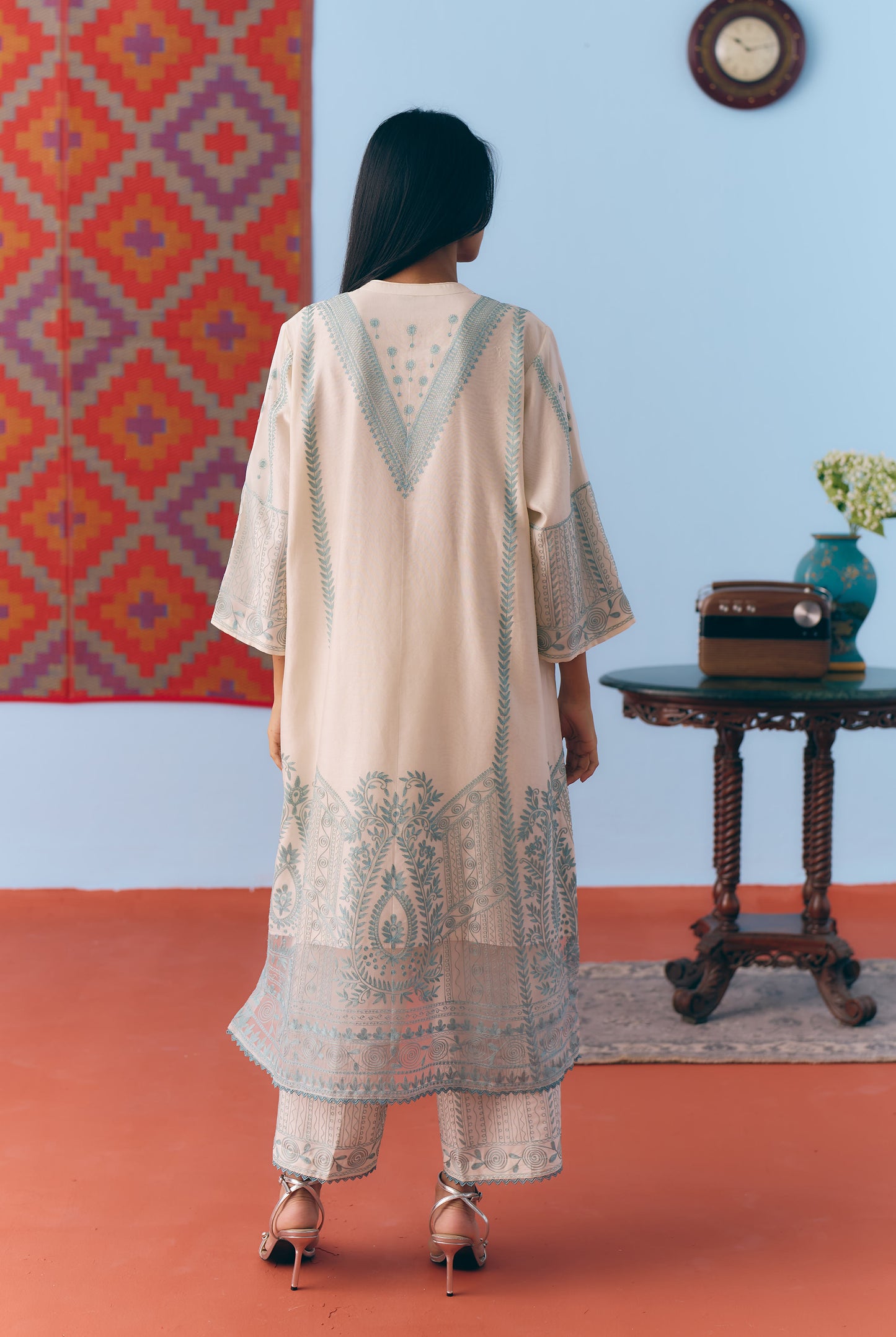 White & Light Blue Silk Chanderi Kurta Set with Thread Embroidery