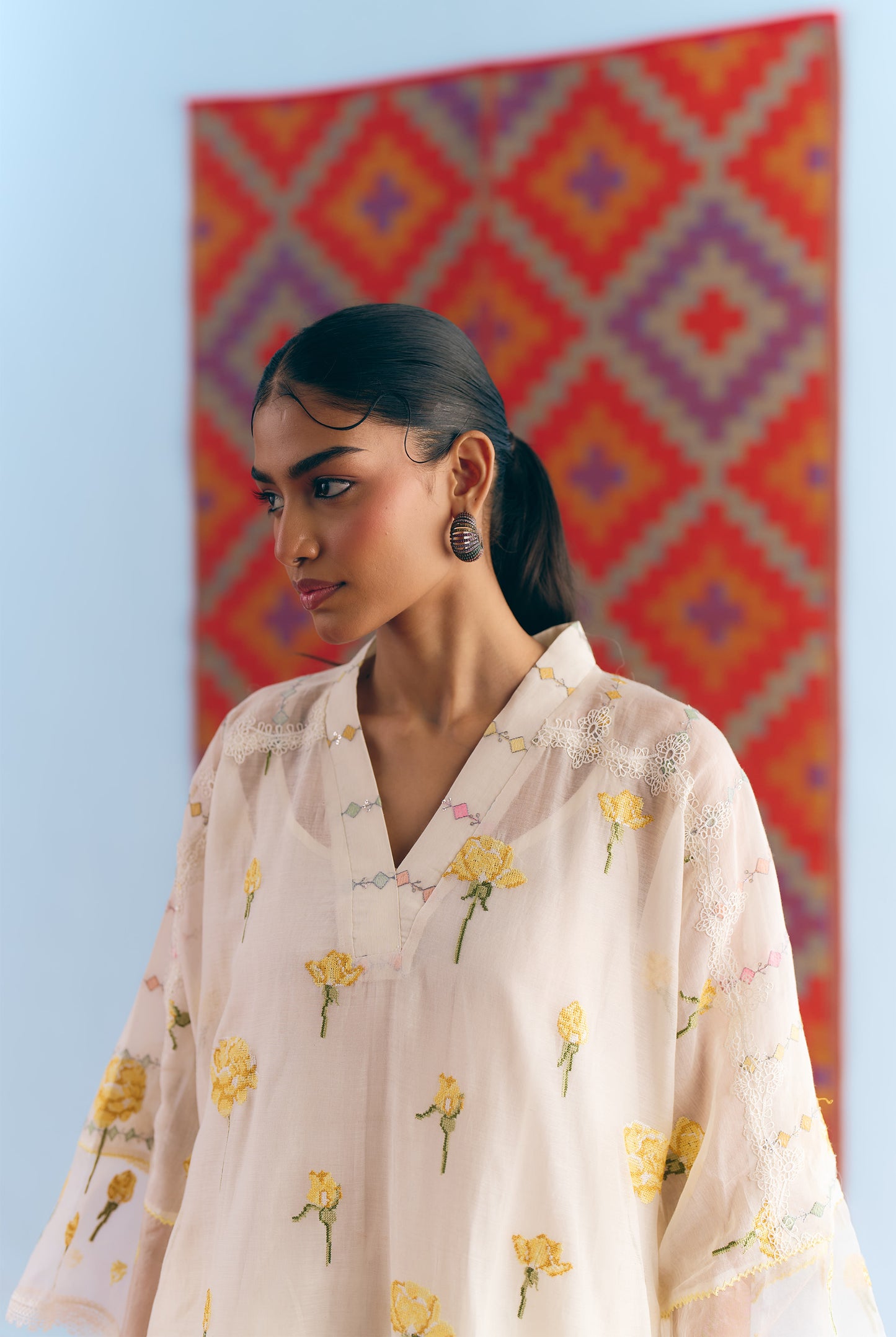 White Chanderi Antifit Co-ord with Yellow Cross Stitch Embroidery