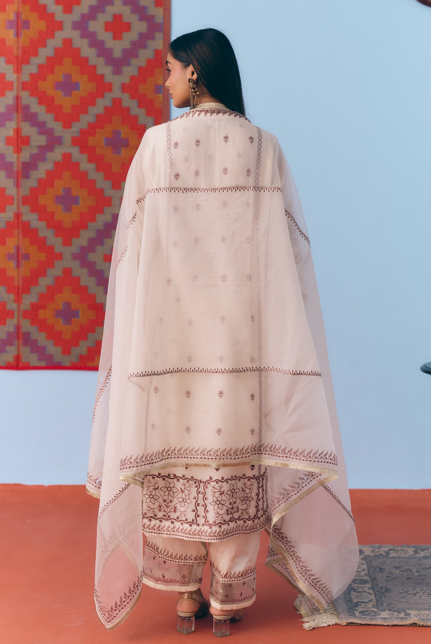 White Silk Chanderi Kurta Set with Brown Single Thread & Silver Zari Embroidery