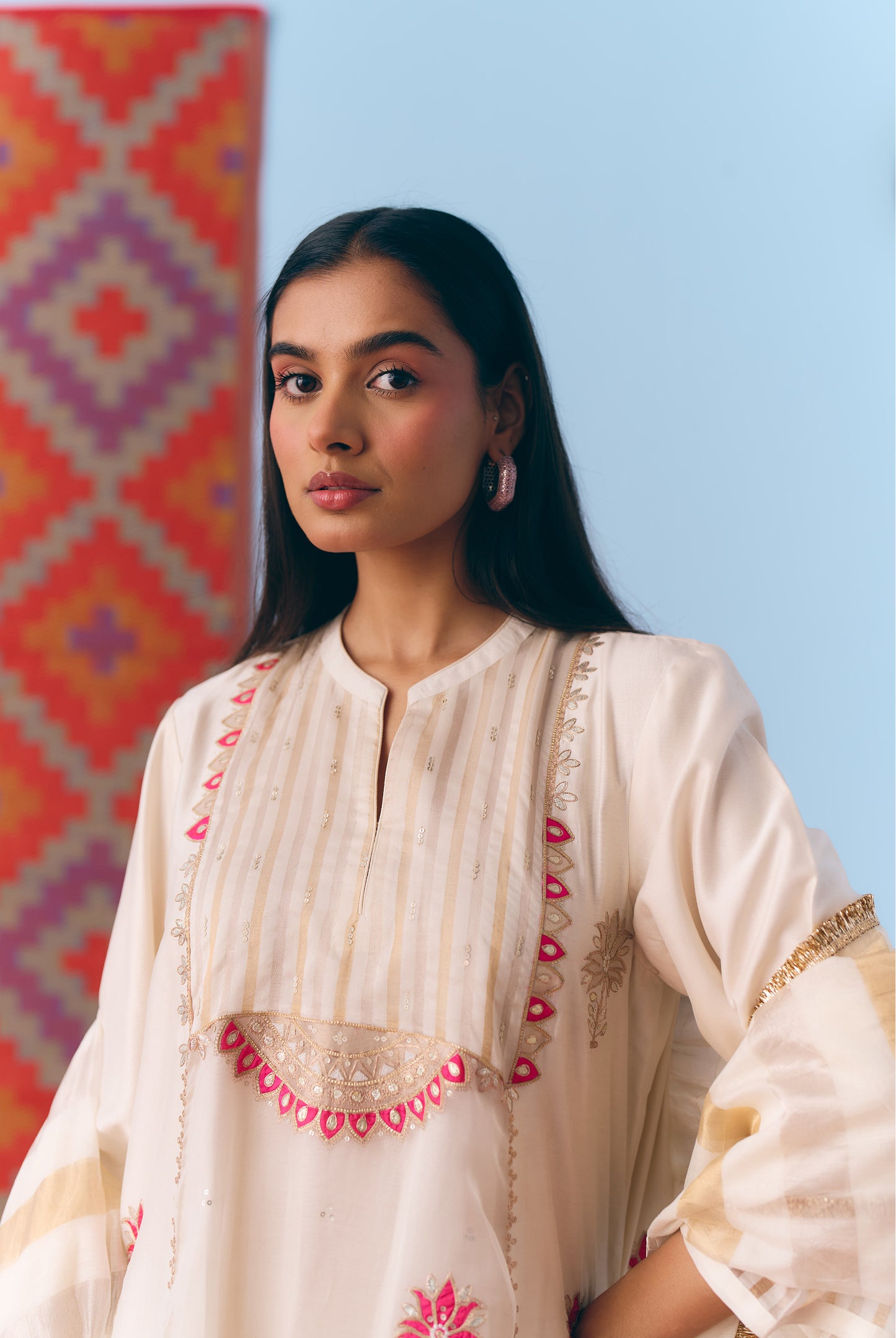 White Silk Chanderi Kurta Set with Pink Appliqué & Gota Embroidery