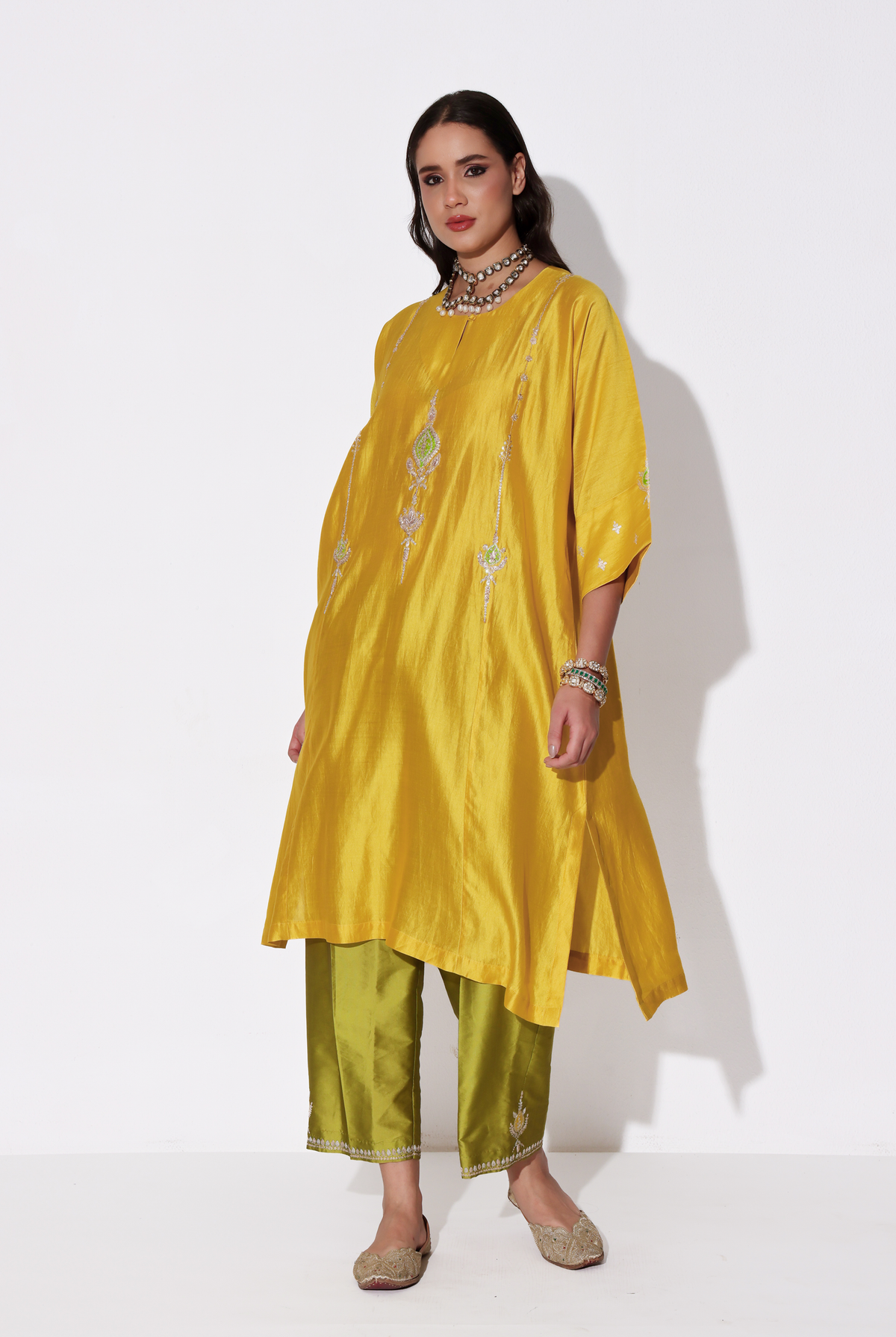 Yellow & Parrot Green Chiniya Silk Antifit Kurta Set