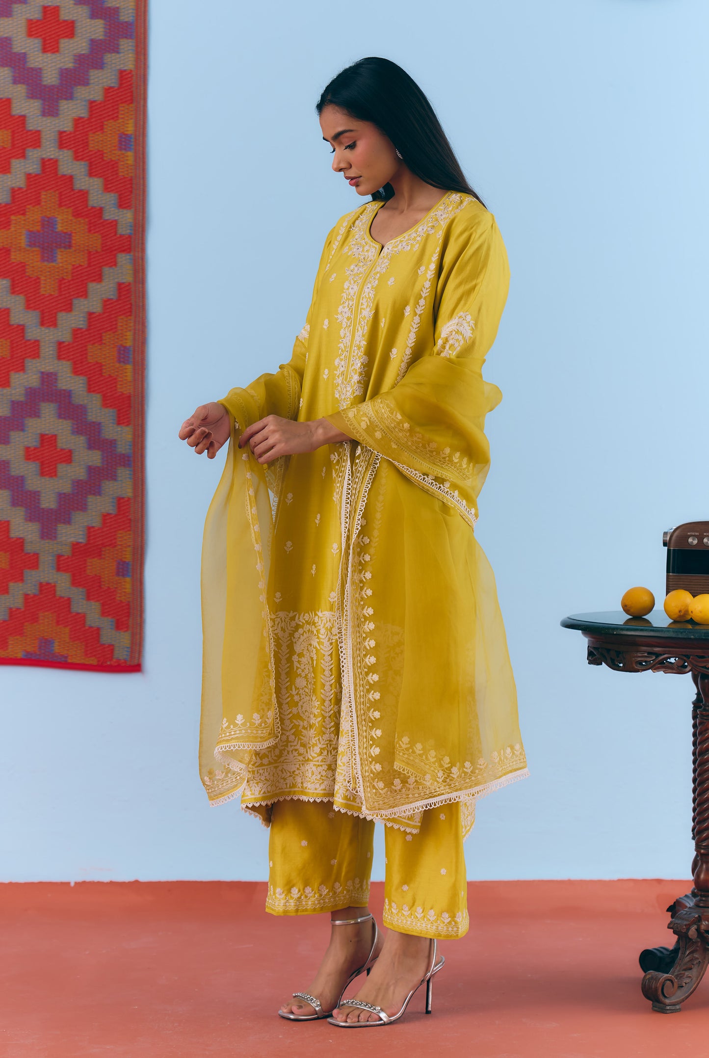 Yellow Silk Chanderi Kurta Set with White Thread & Pita Embroidery