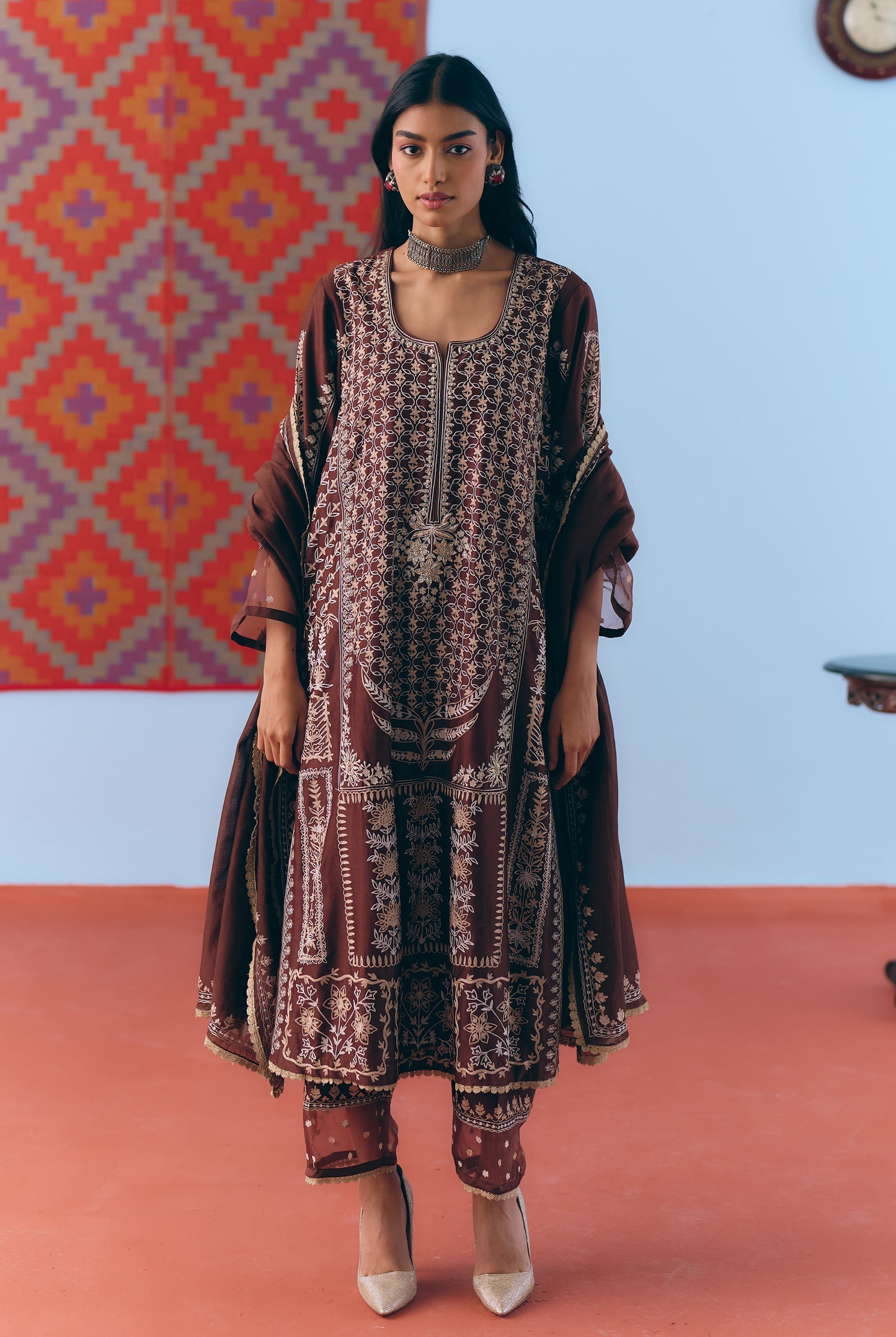 Brown Silk Chanderi Kurta Set with Single Thread & Zari Embroidery