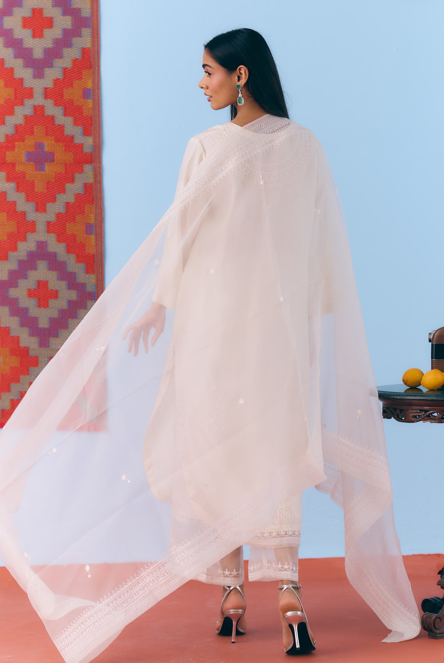 White Silk Organza Kurta Set with Thread Embroidery