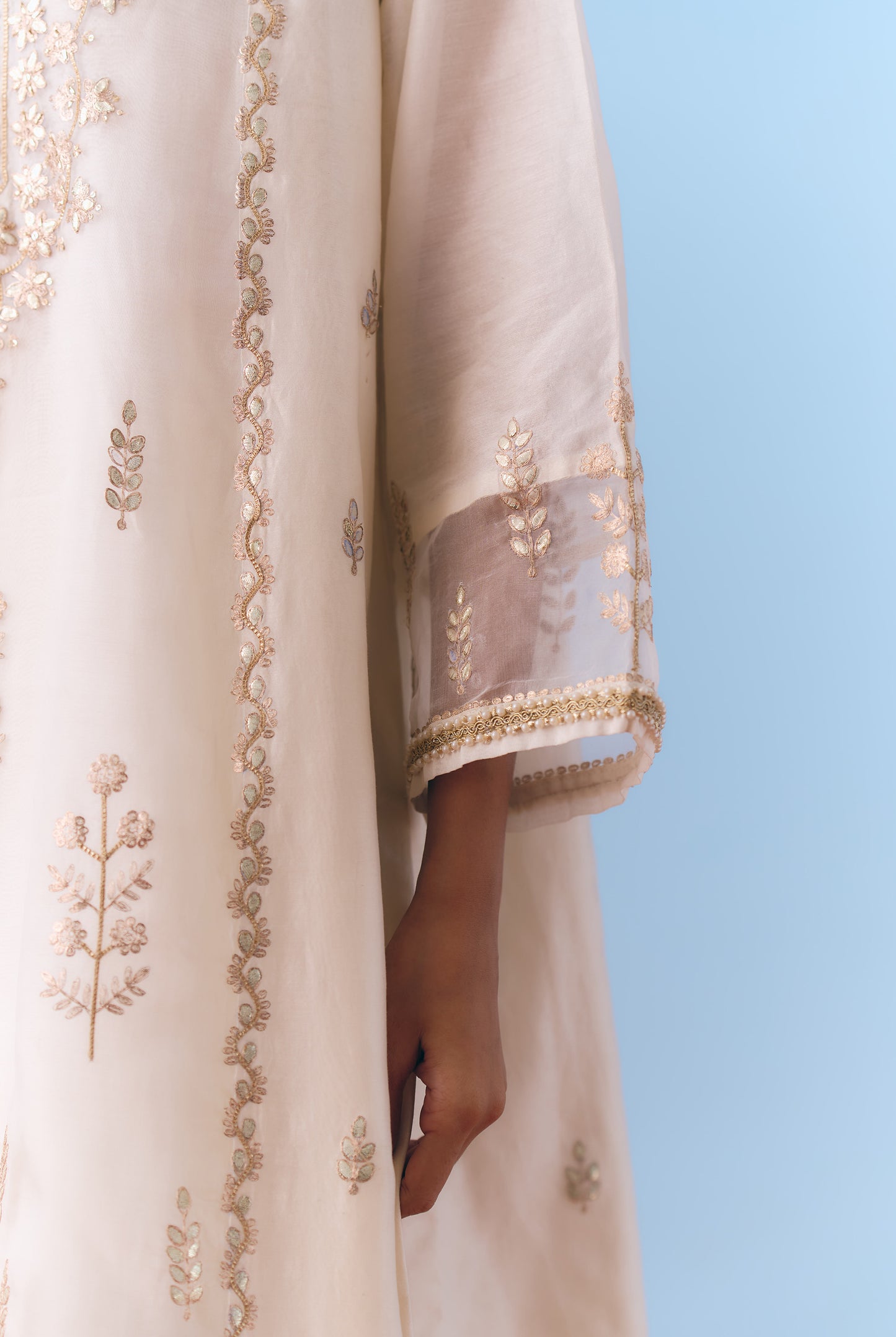 White Silk Chanderi Kurta Set with Gota, Dori & Zari Embroidery