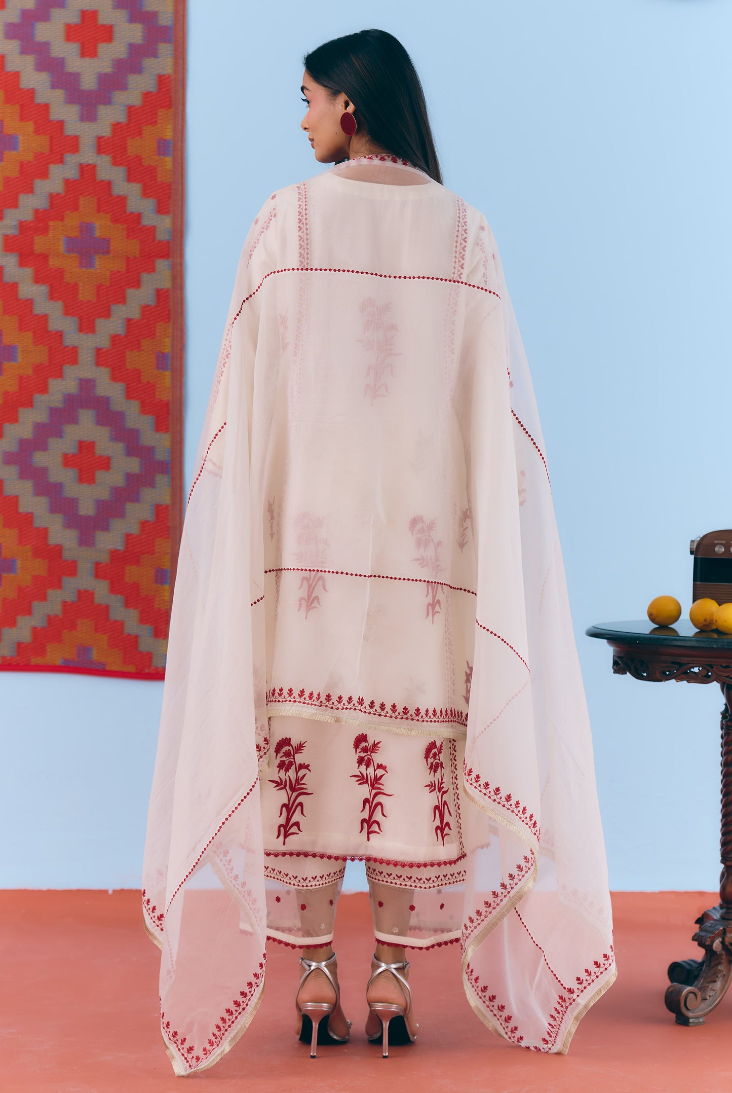 White Silk Chanderi Kurta Set with Deep Red & Silver Zari Embroidery