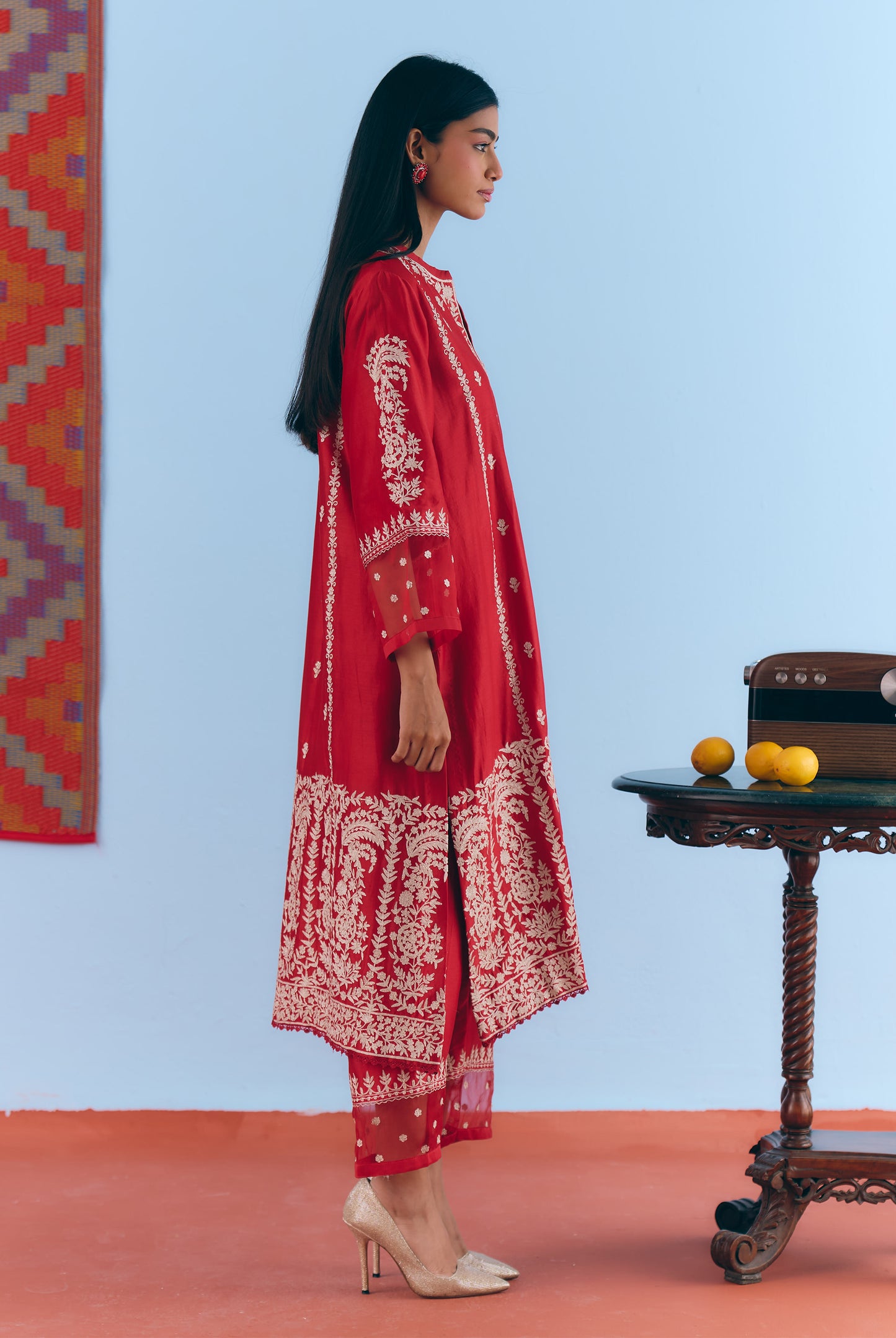 Red Silk Chanderi Kurta Set with White Thread & Pita Embroidery